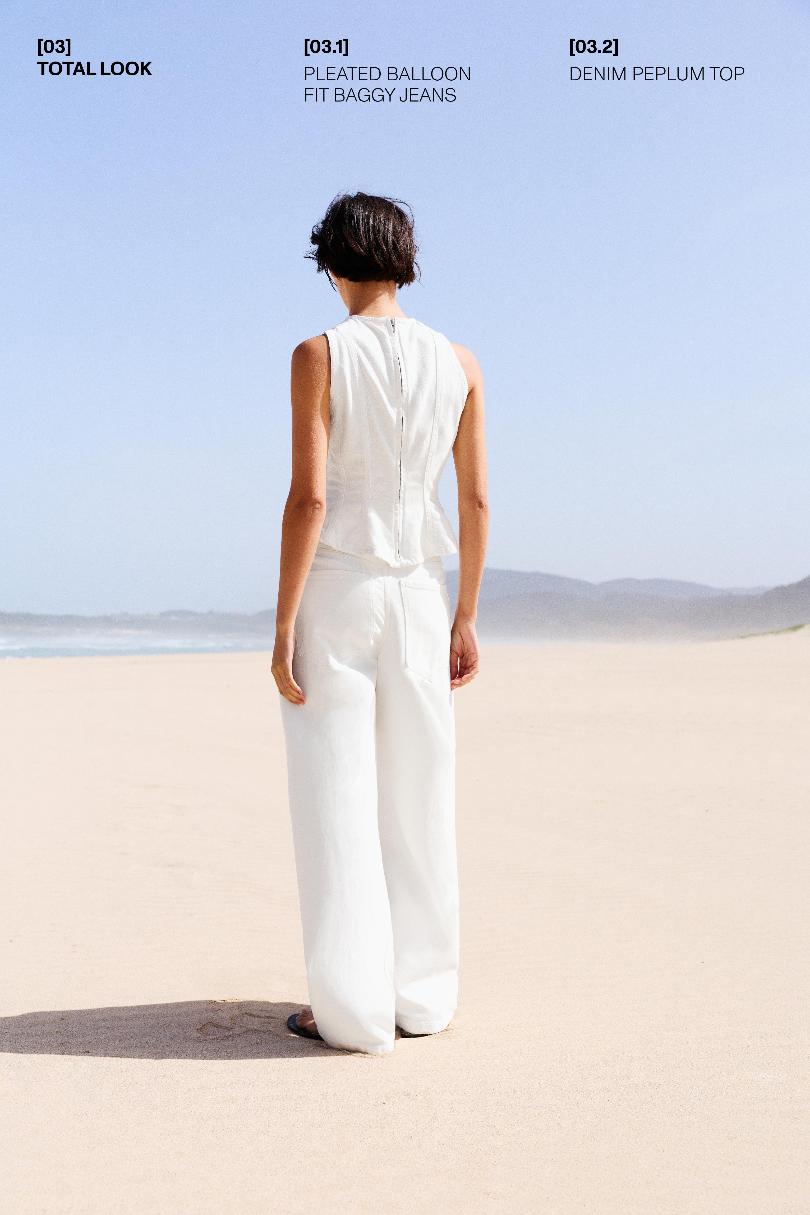 Pleated balloon fit baggy jeans — White