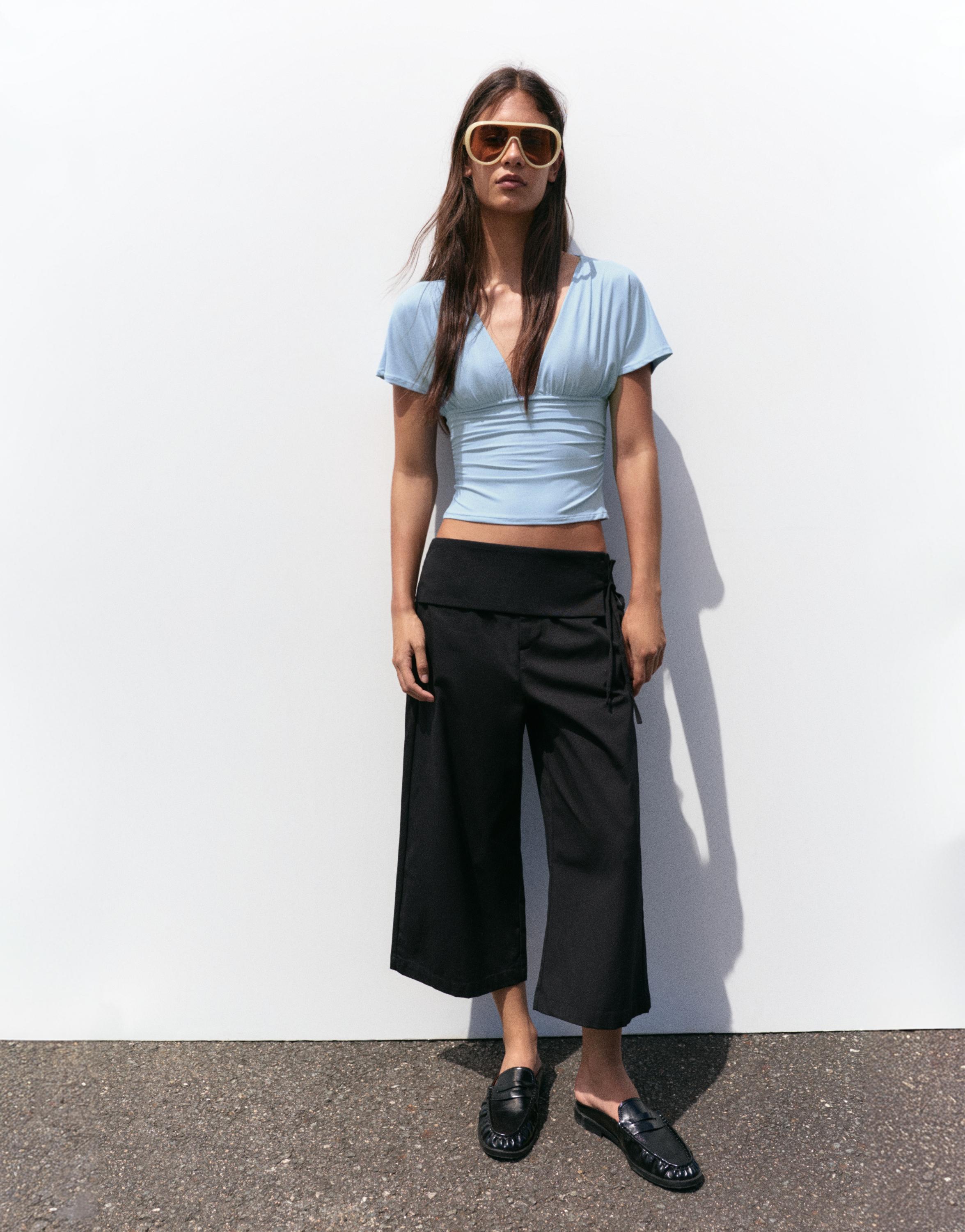 Gathered V-neck top — Pale blue