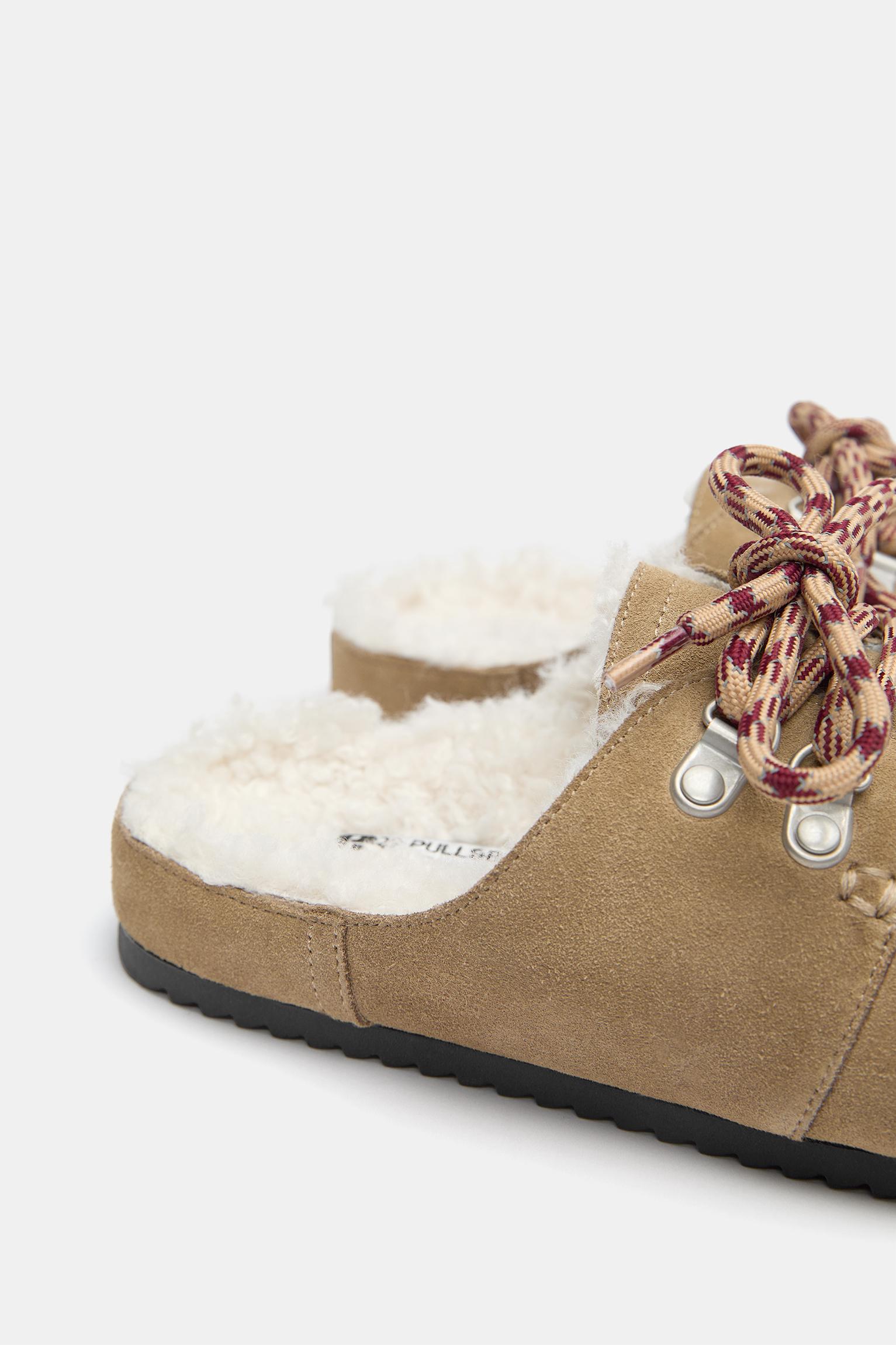 Faux shearling leather lace-up clogs — Sand