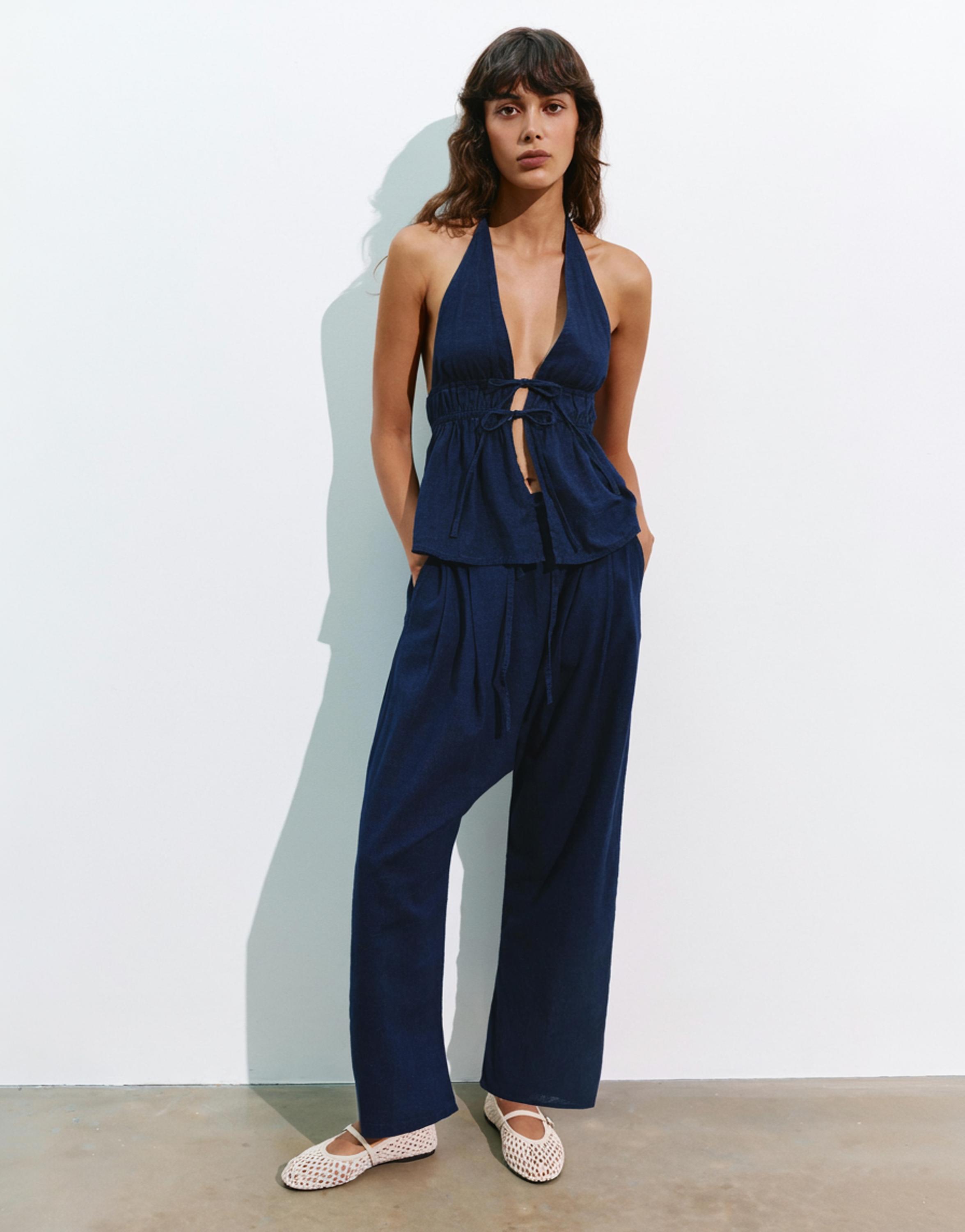 Elasticated denim halter top — Dark blue