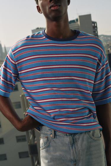 Striped knit T-shirt — Pale blue 1