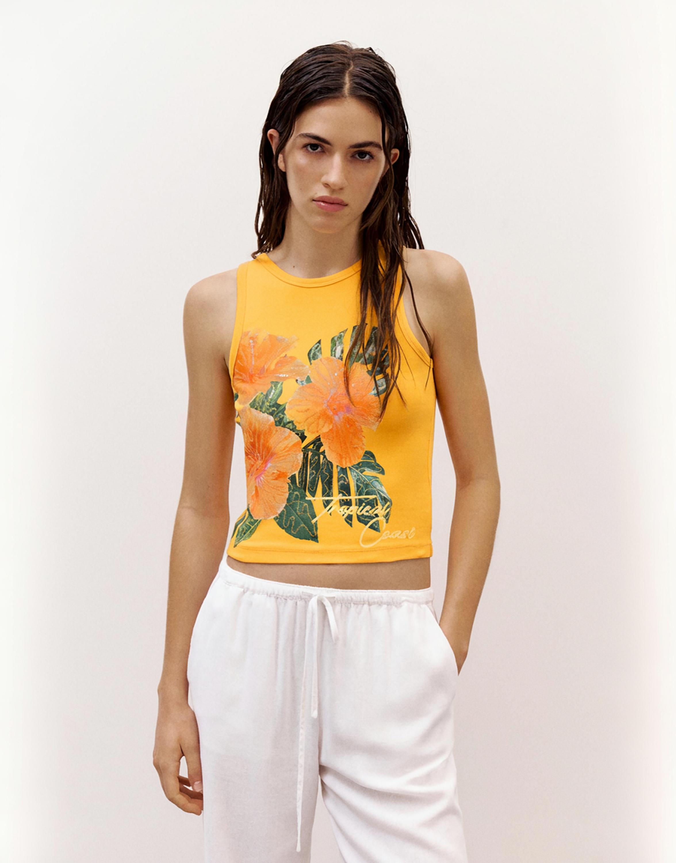 Floral sequin tank top — Orange