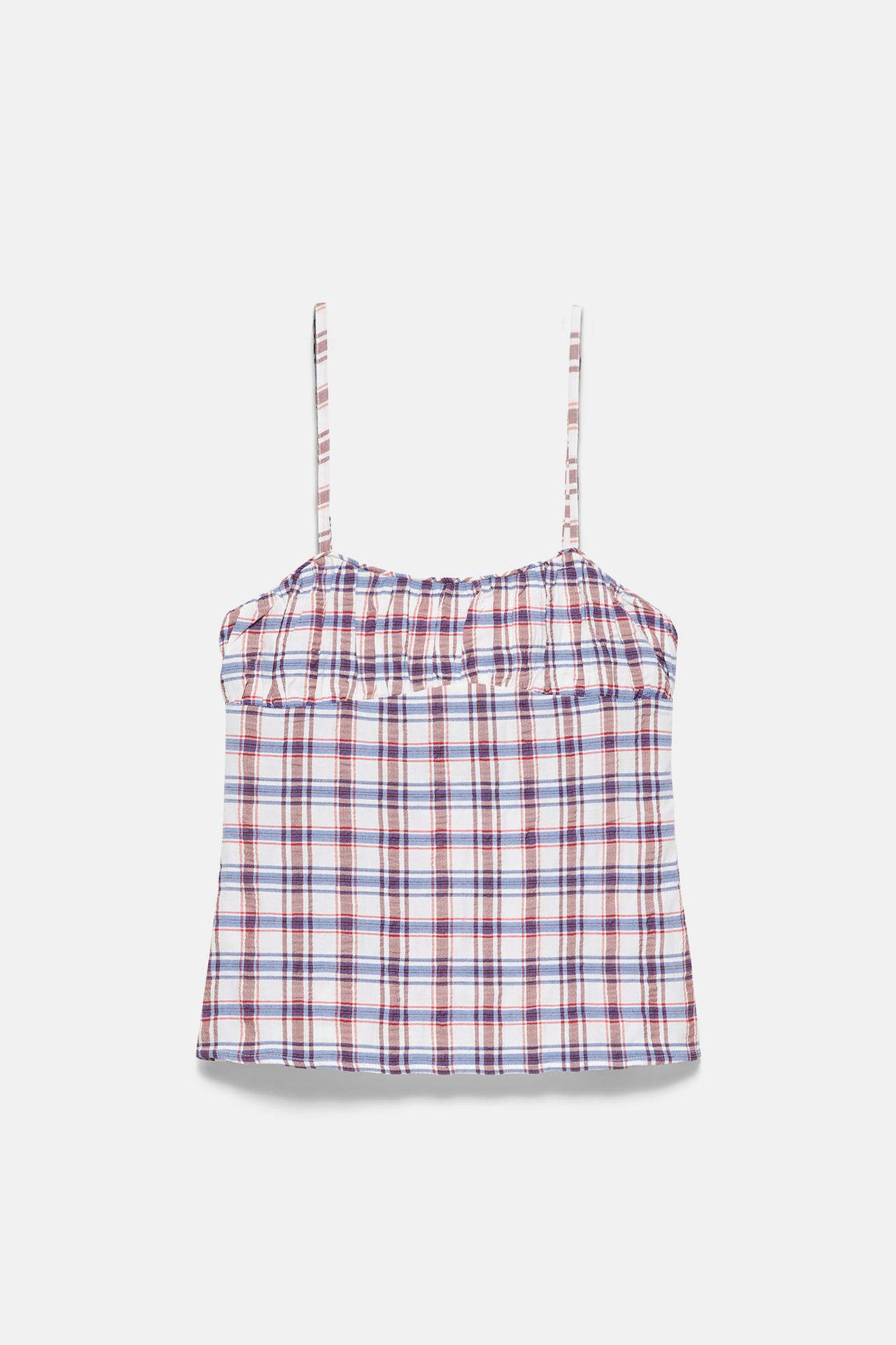 Check-print strappy top — Blue