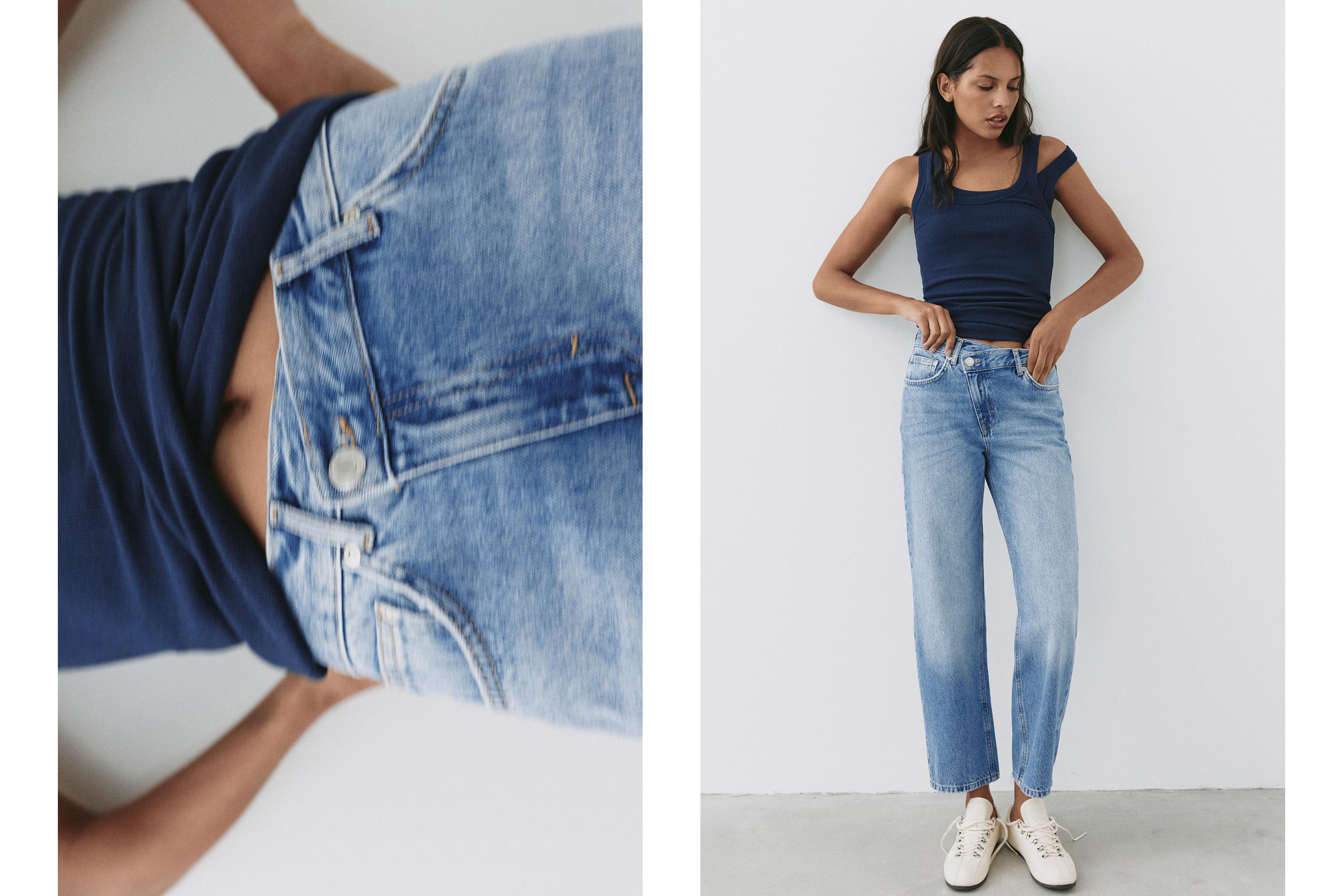 Straight-leg jeans with crossover waistband — Medium blue