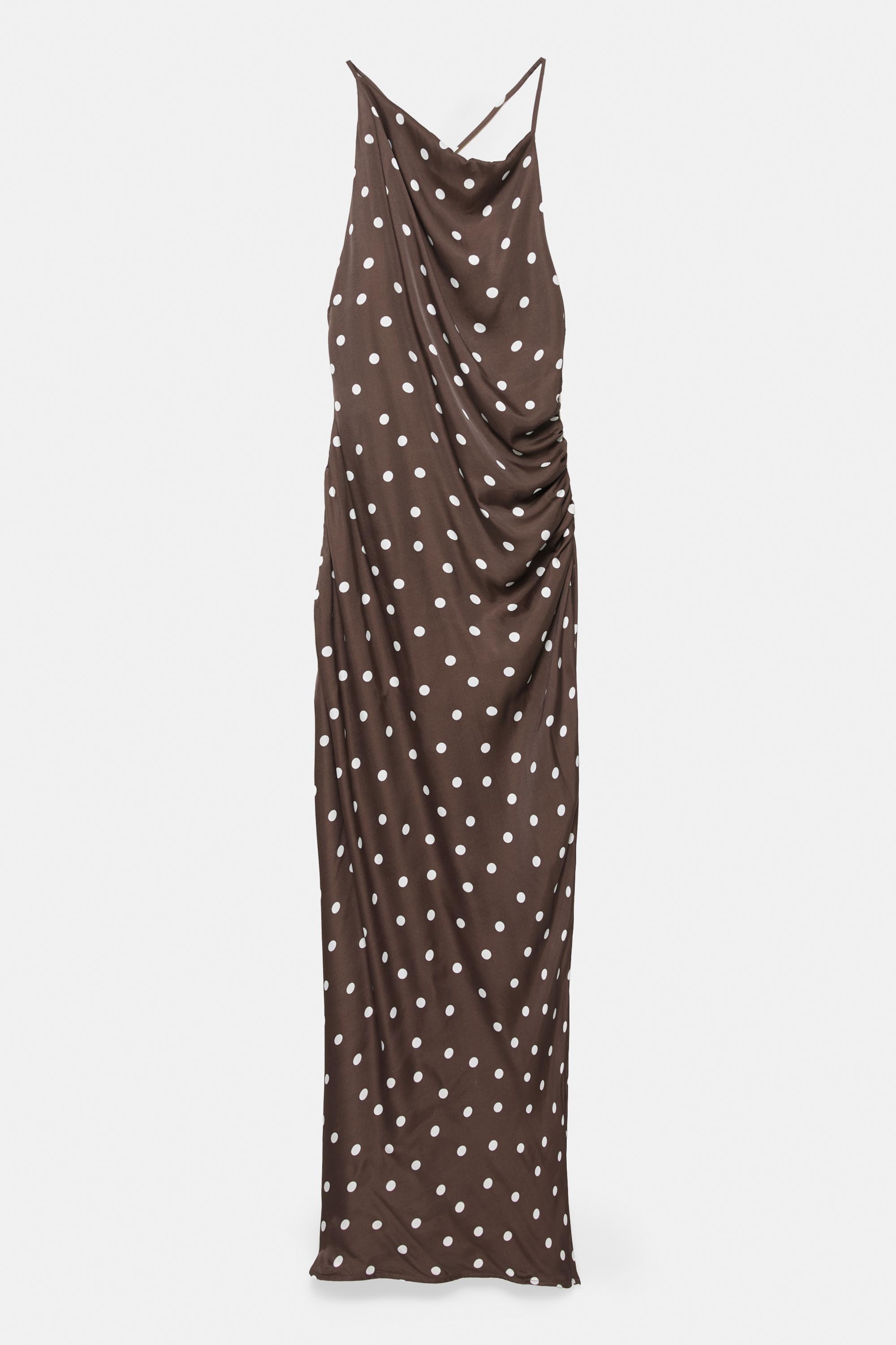 Draped polka dot satin dress — Brown