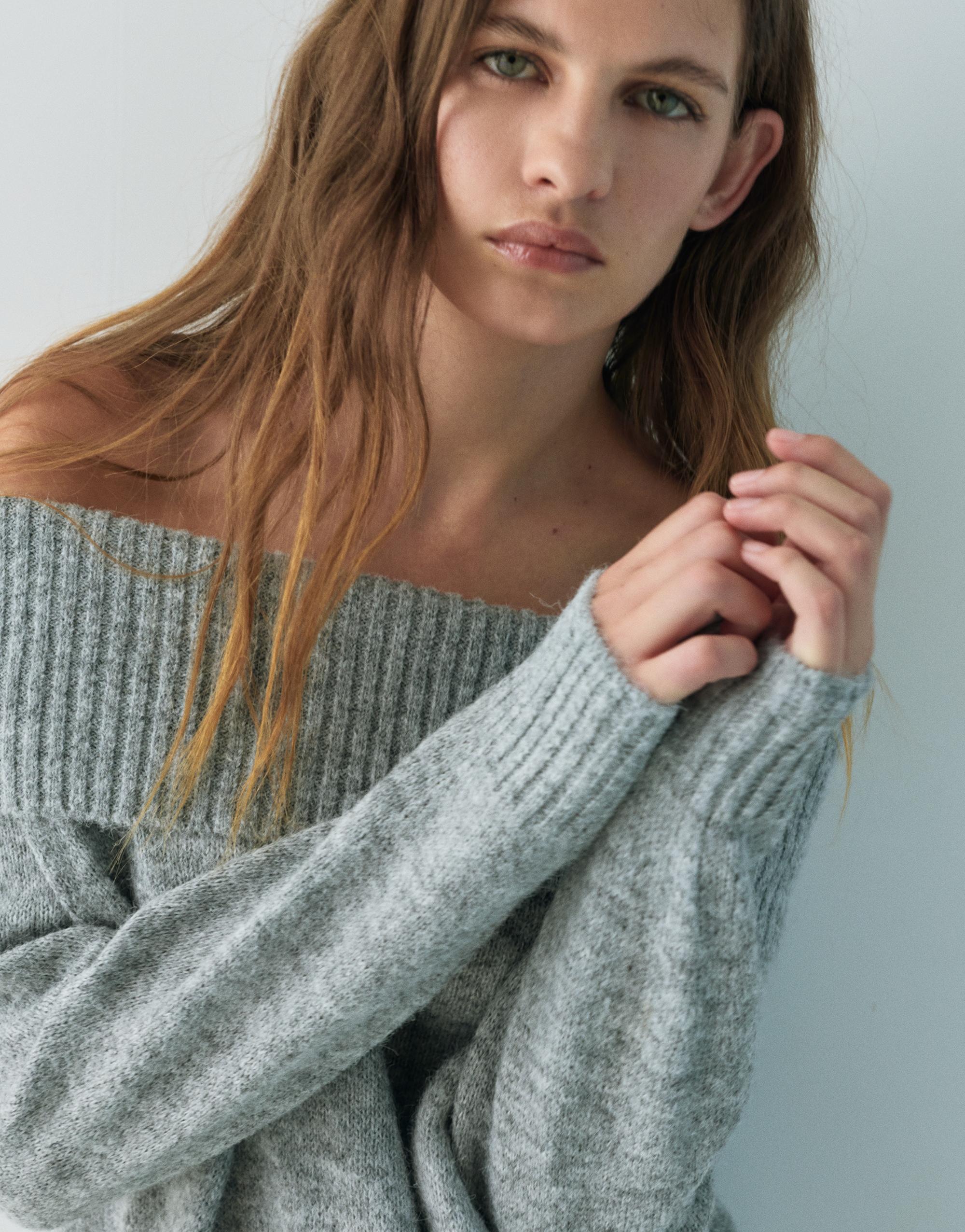 Bardot jumper with combined lace — Grey marl