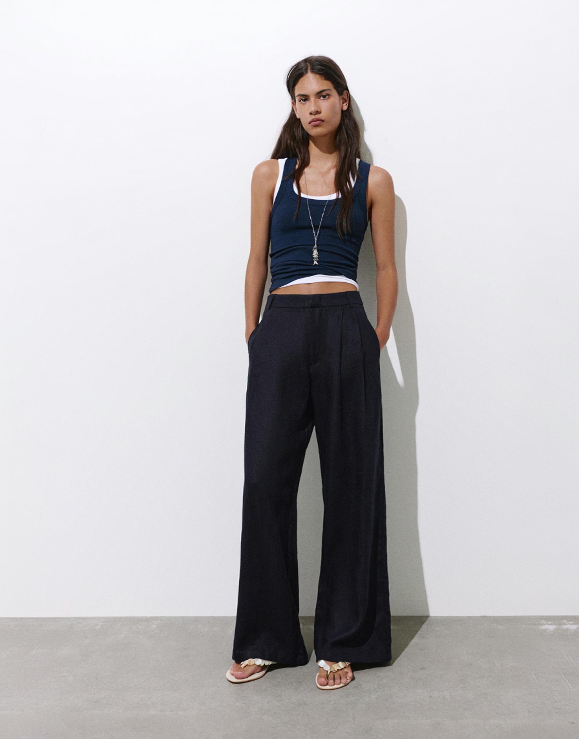 Wide-leg 100% linen trousers — Dark navy