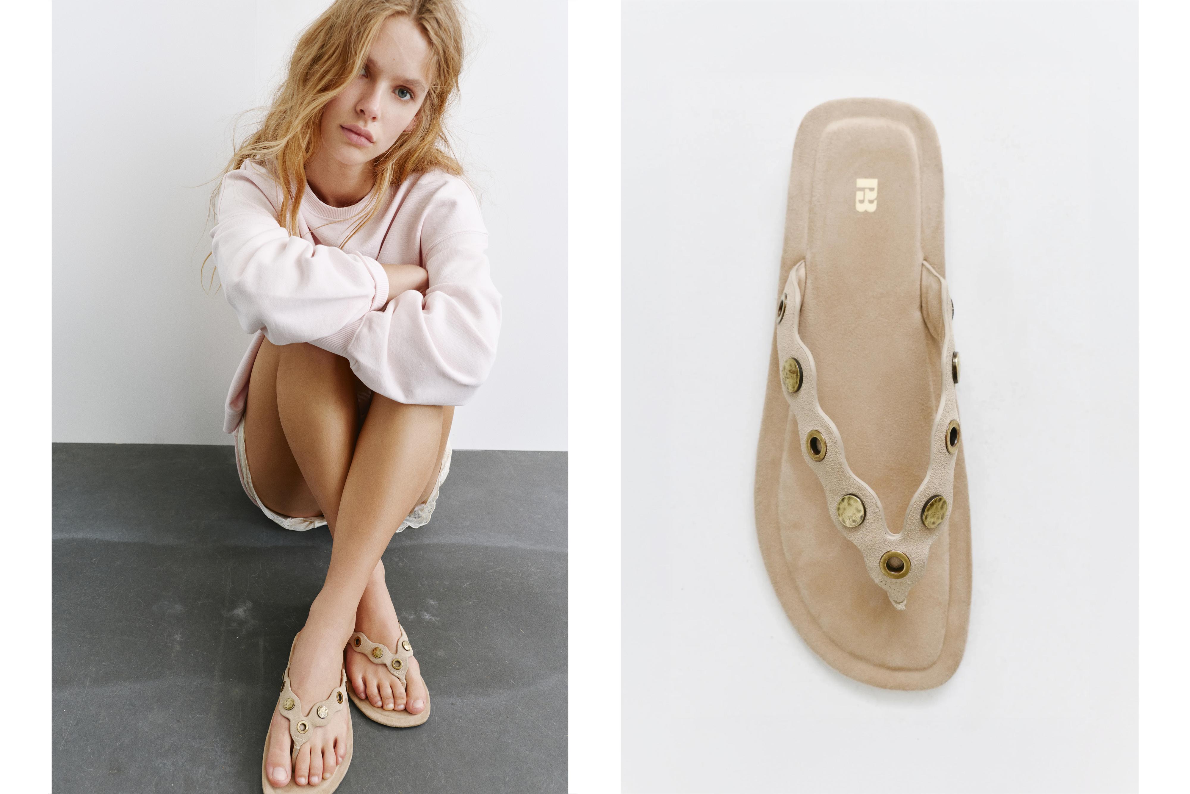 Flat studded leather sandals — Sand