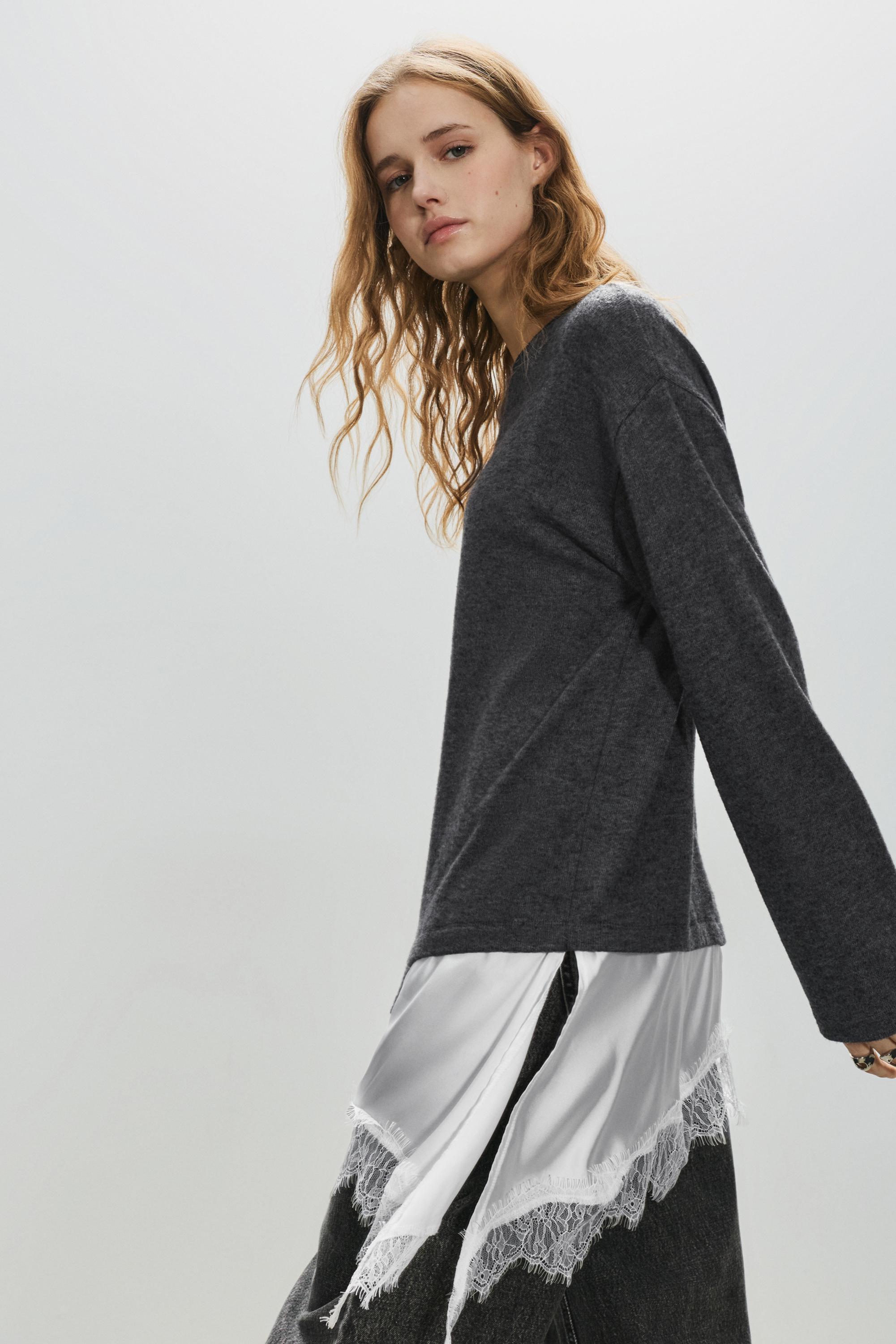 Fine lace combined jumper — Dark grey