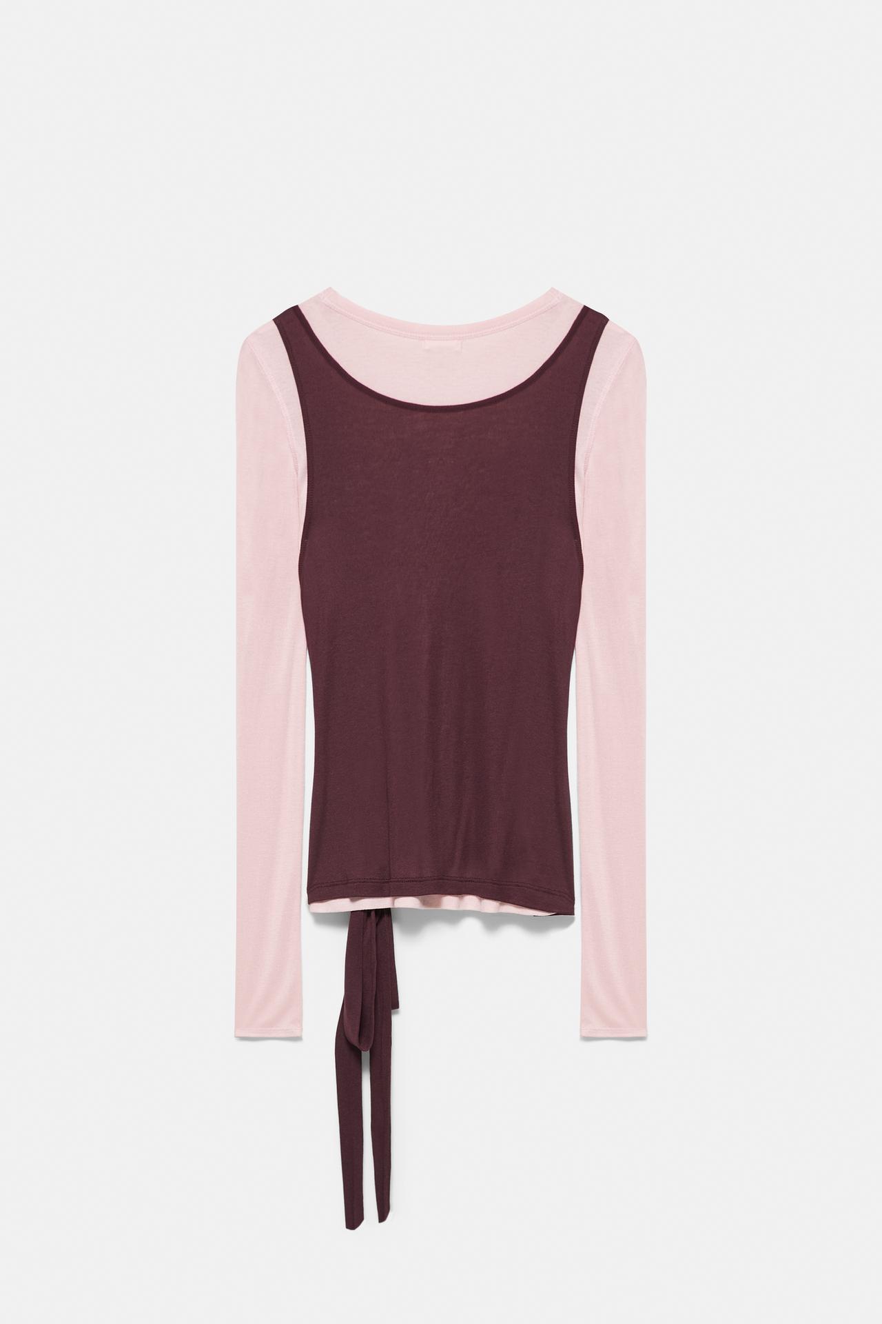 Double-layer tie-waist top — Rose pink