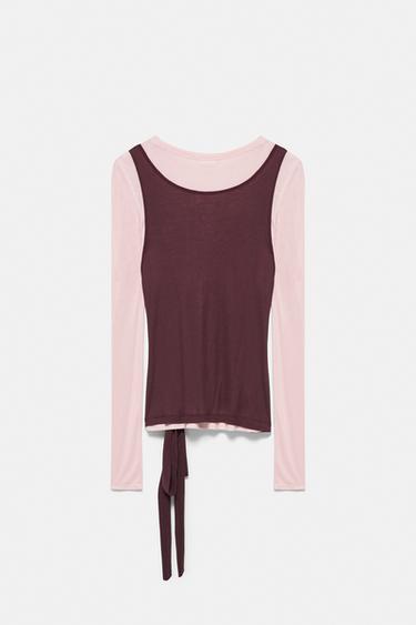 Double-layer tie-waist top — Rose pink 5