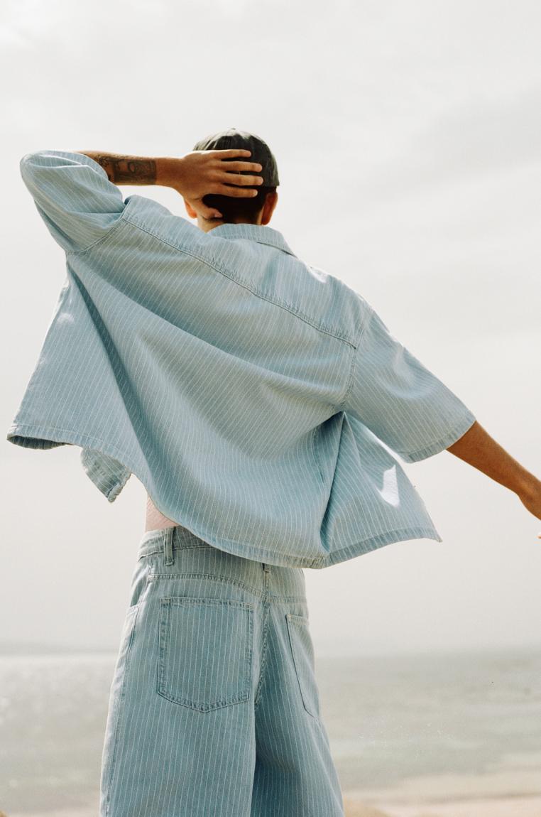 Denim striped short sleeve shirt — Pale indigo