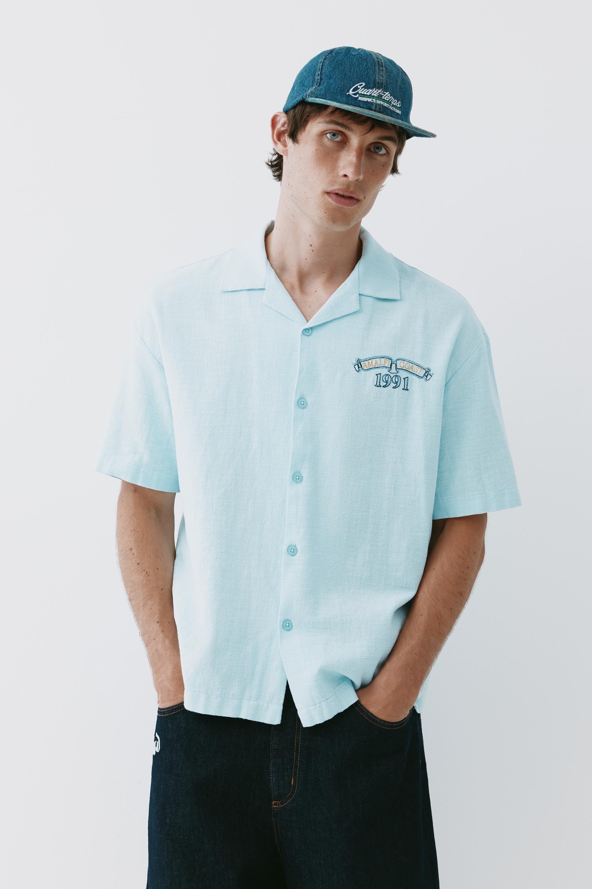 Short sleeve embroidered shirt — Pale blue