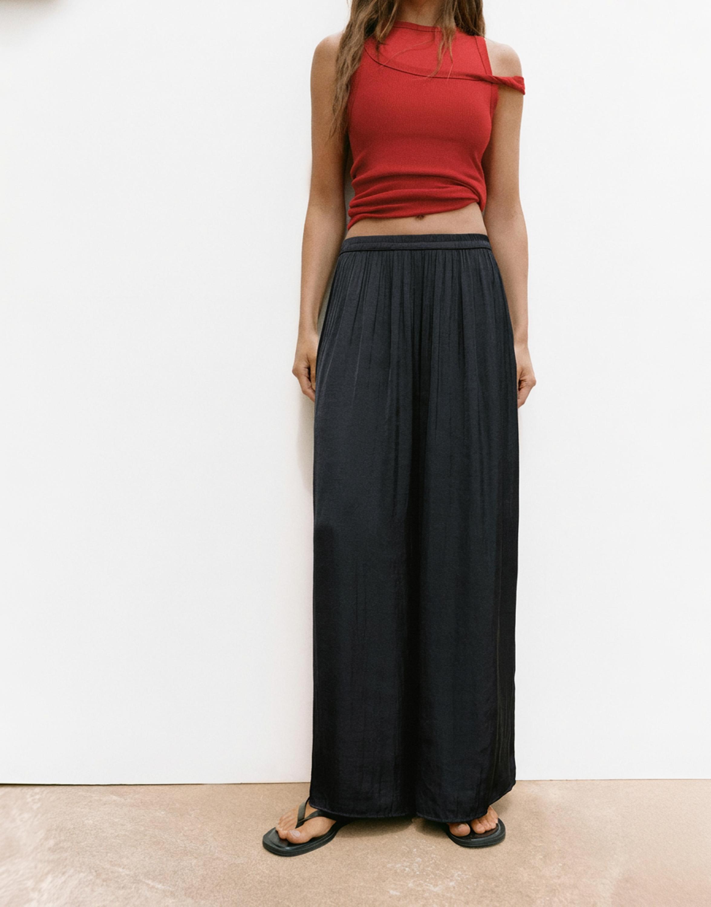 Satin wide-leg trousers — Black
