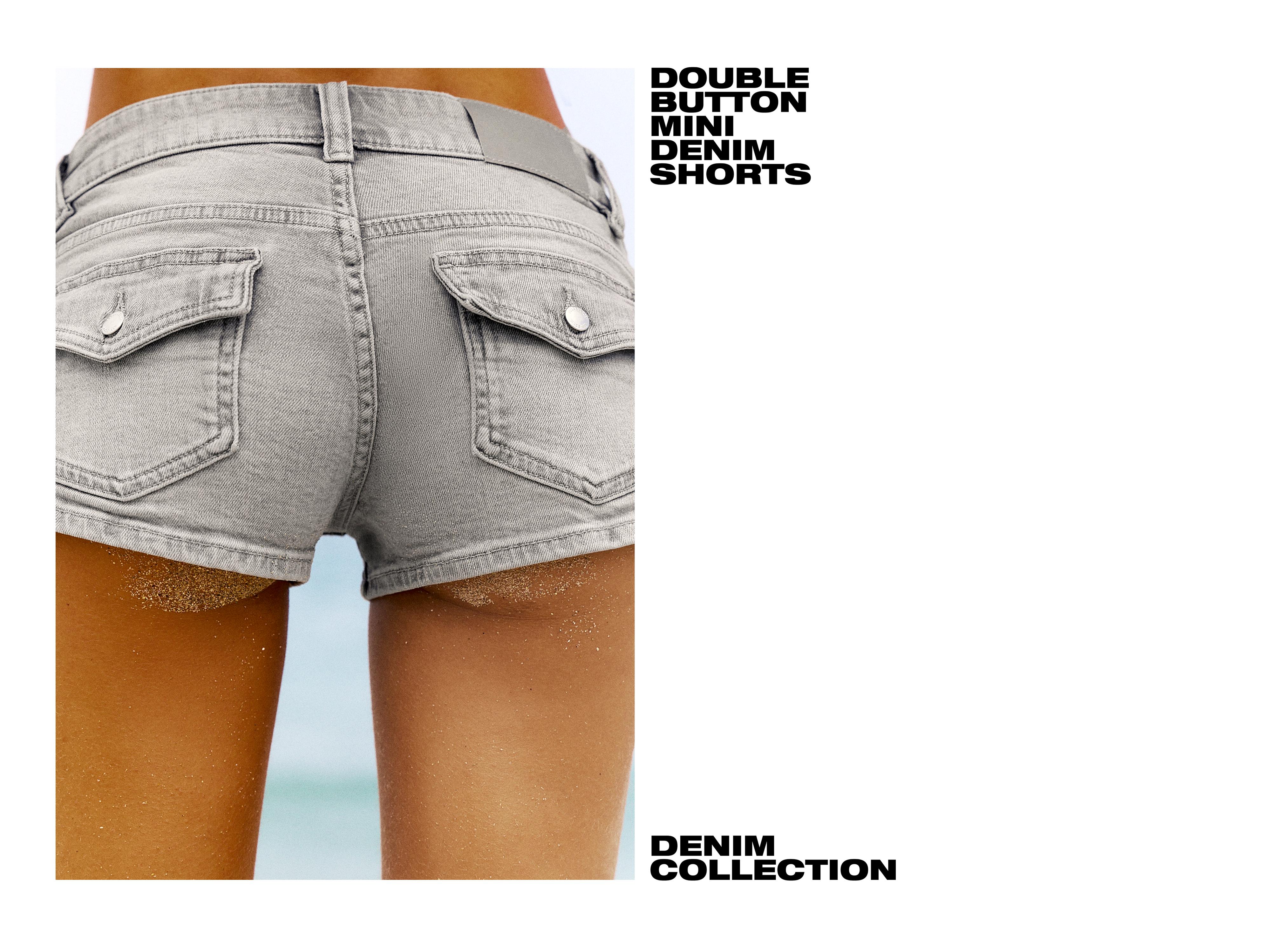 Double-button mini denim shorts — Grey