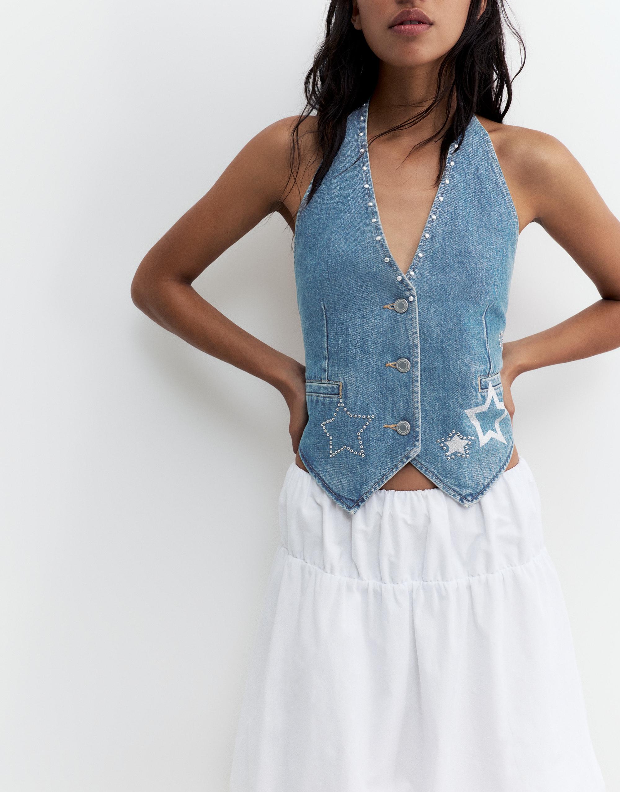 Star and stud denim vest — Medium blue
