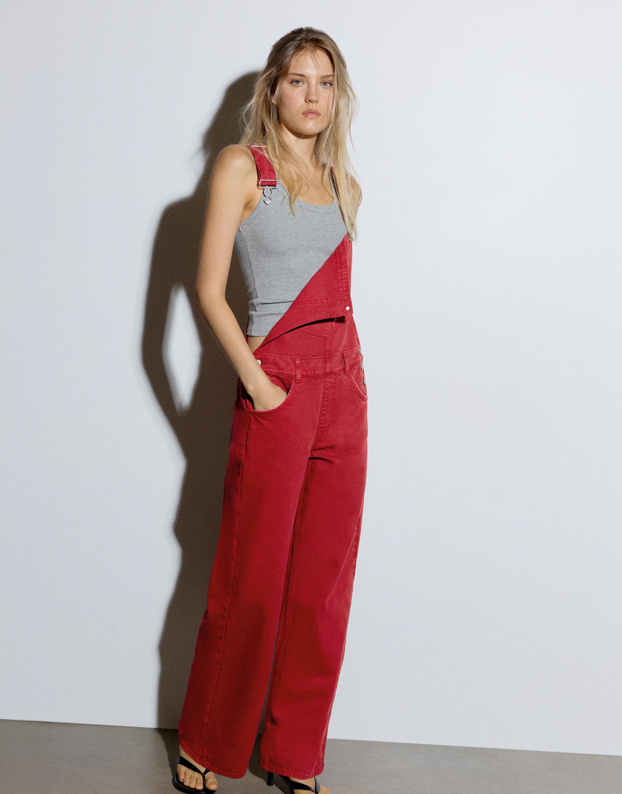 Long denim dungarees — Burgundy