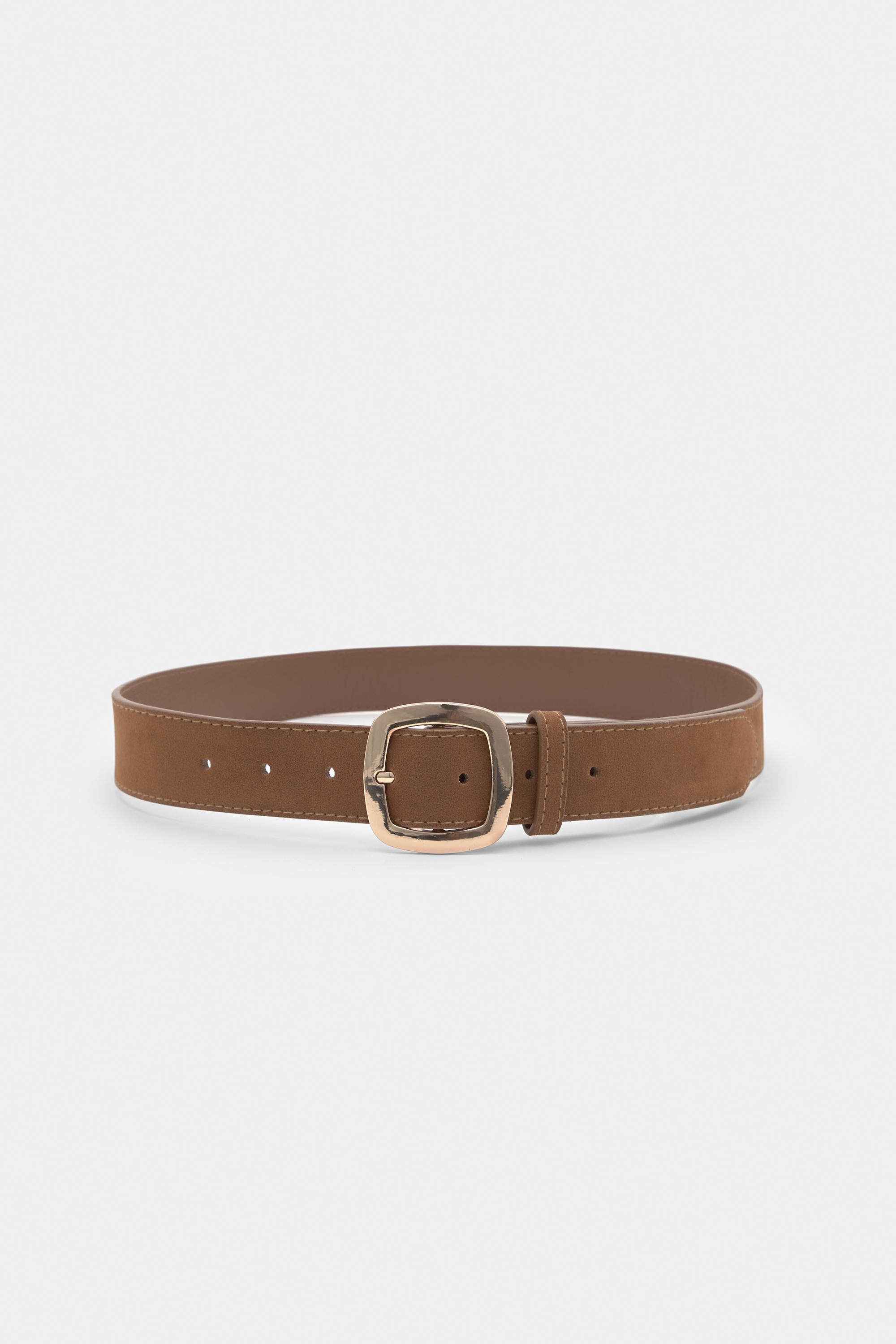 Faux suede belt with rounded buckle — Brown