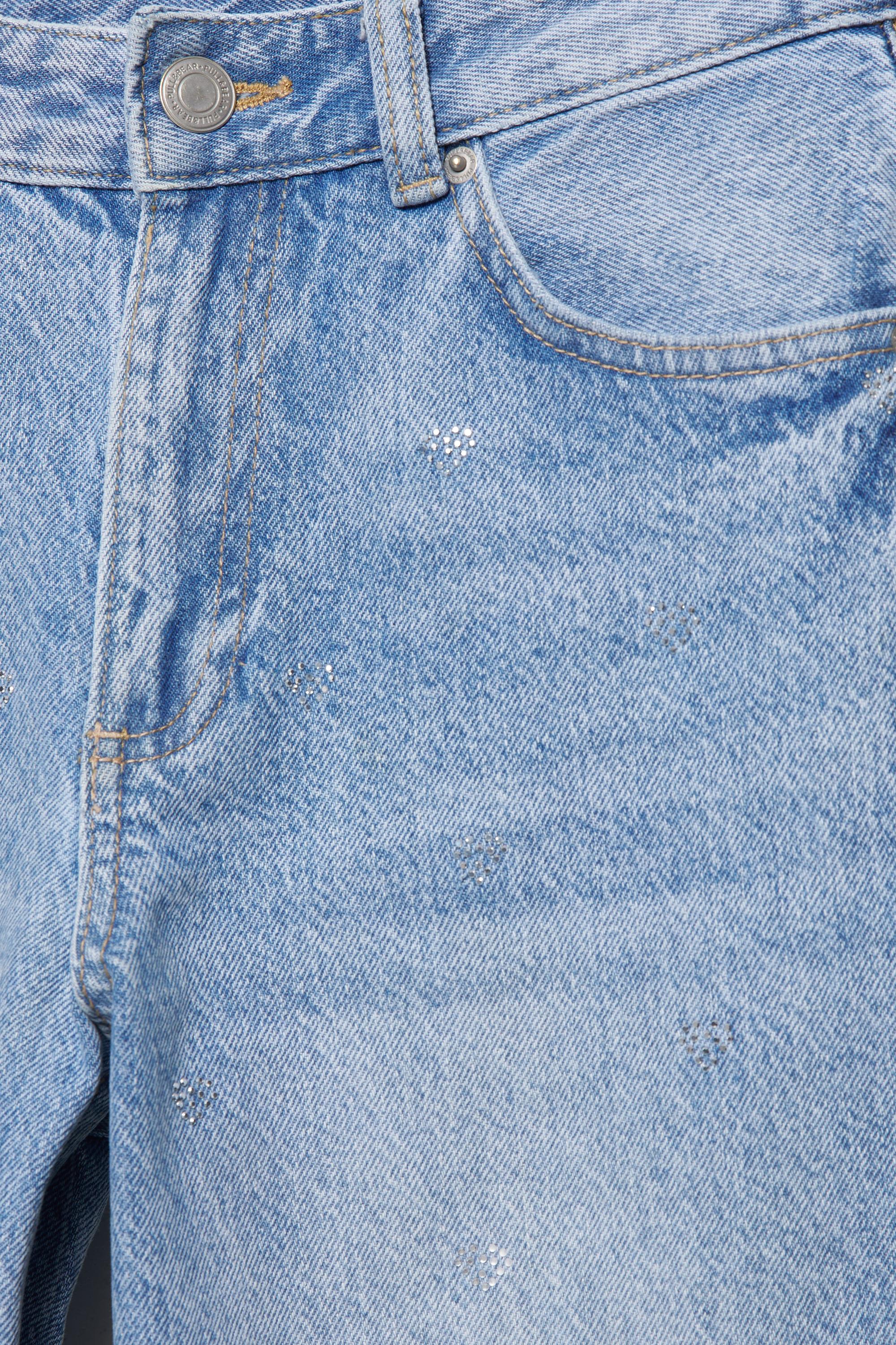 Straight-leg mid-waist jeans with rhinestone hearts — Pale blue