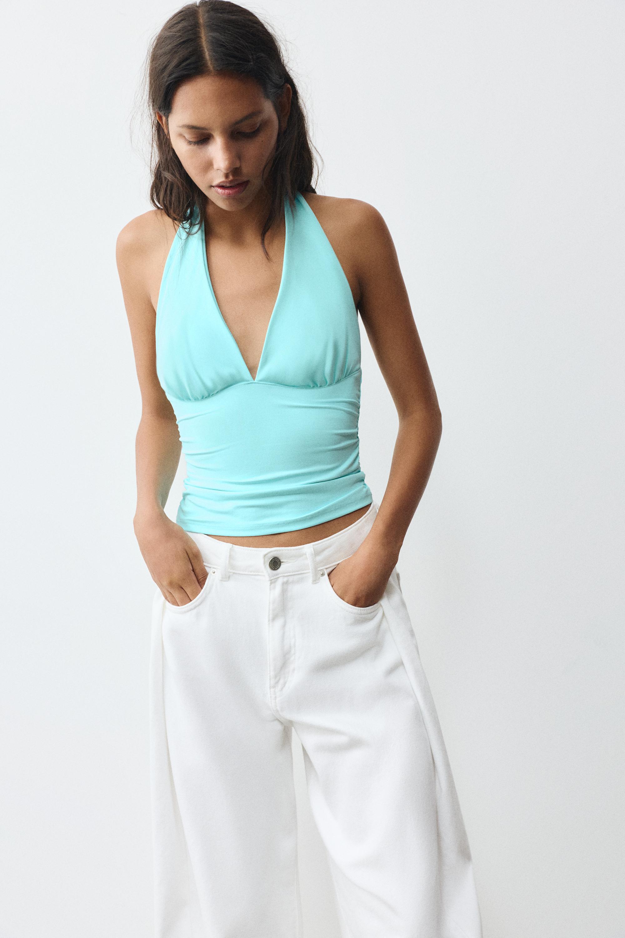 Halter neck top with gathering — Pale turquoise