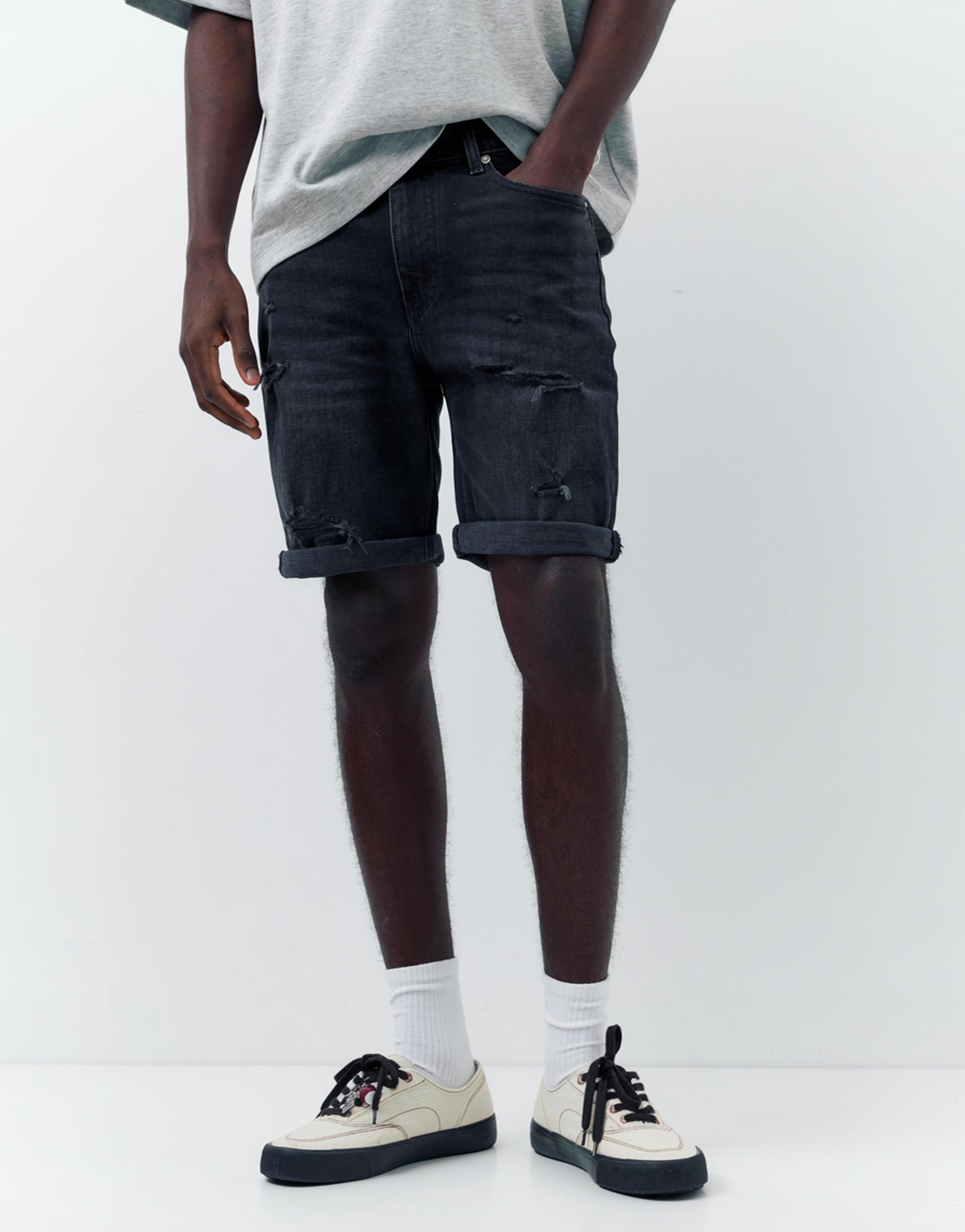 Ripped denim Bermuda shorts — Faded black