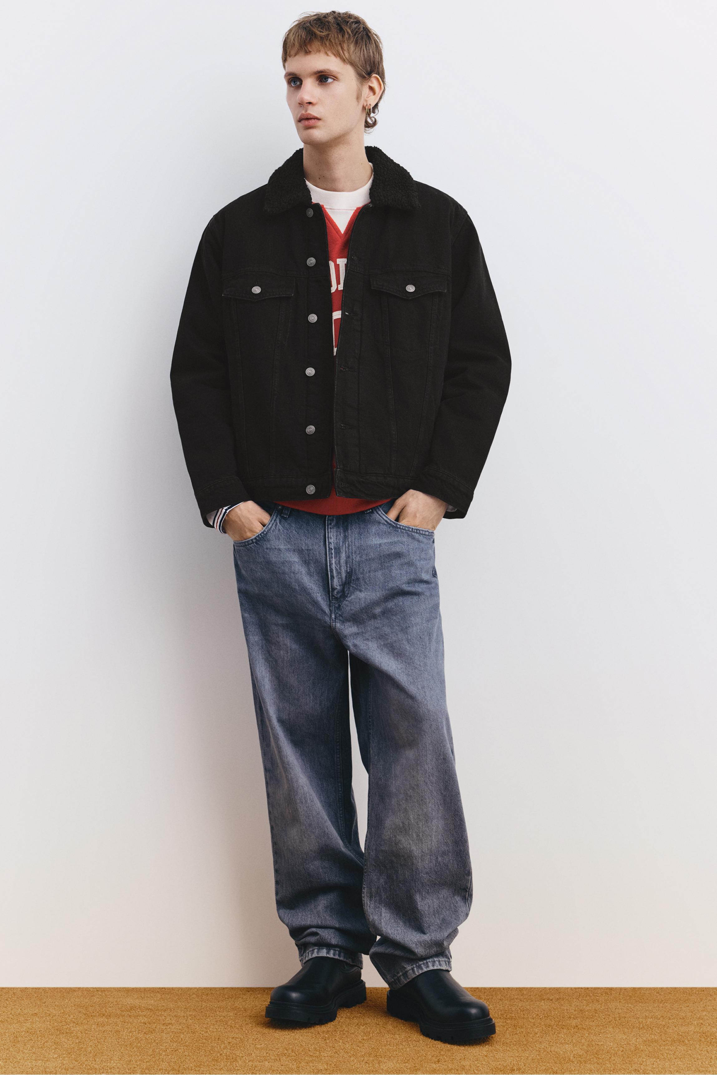 Denim jacket with faux shearling collar — Faded black