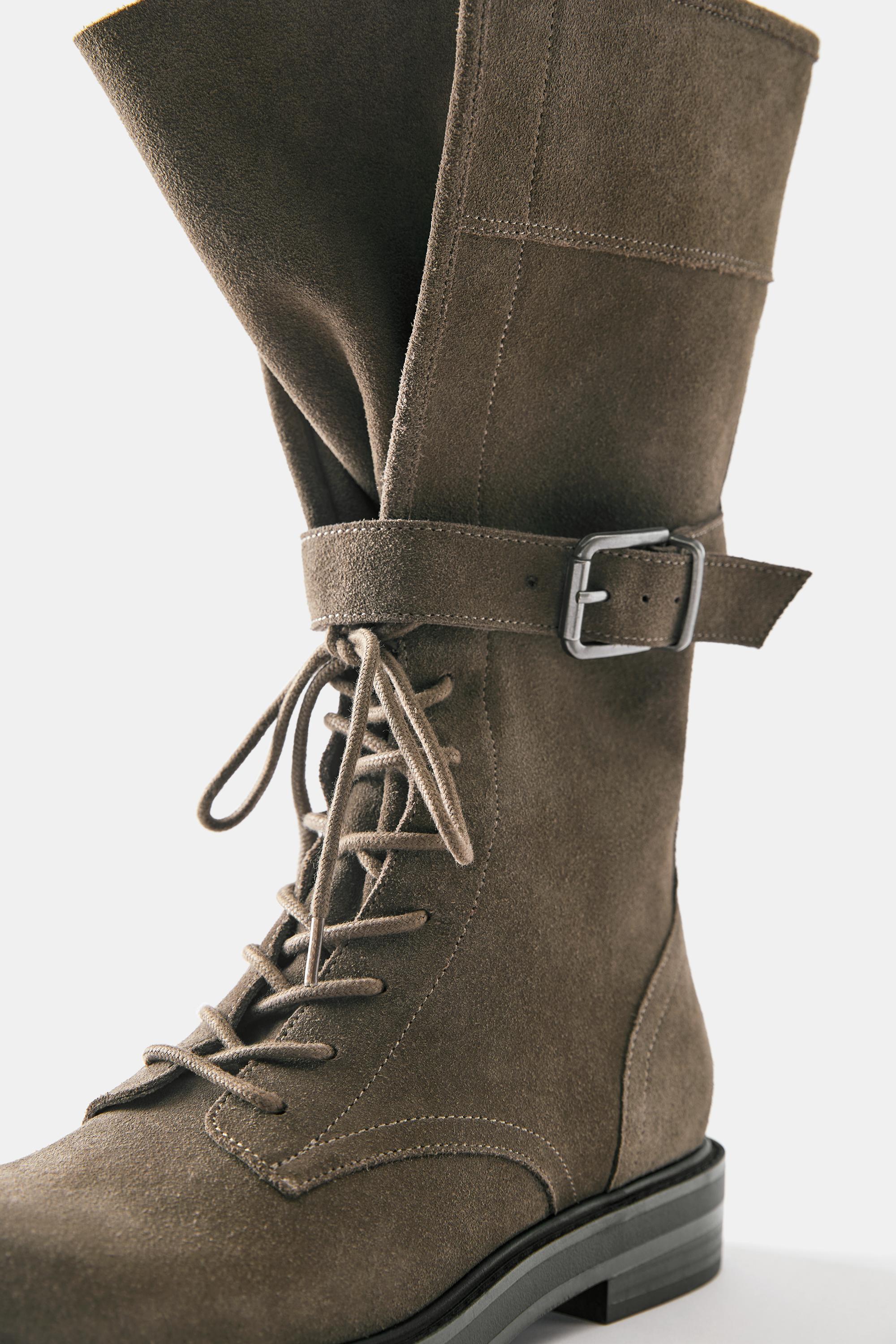 Lace-up flat leather boots — Taupe