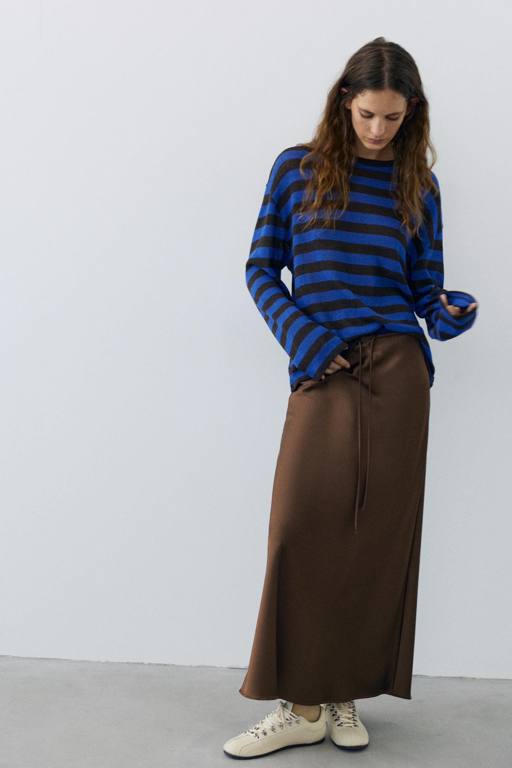 Satin drawstring midi skirt — Dark brown