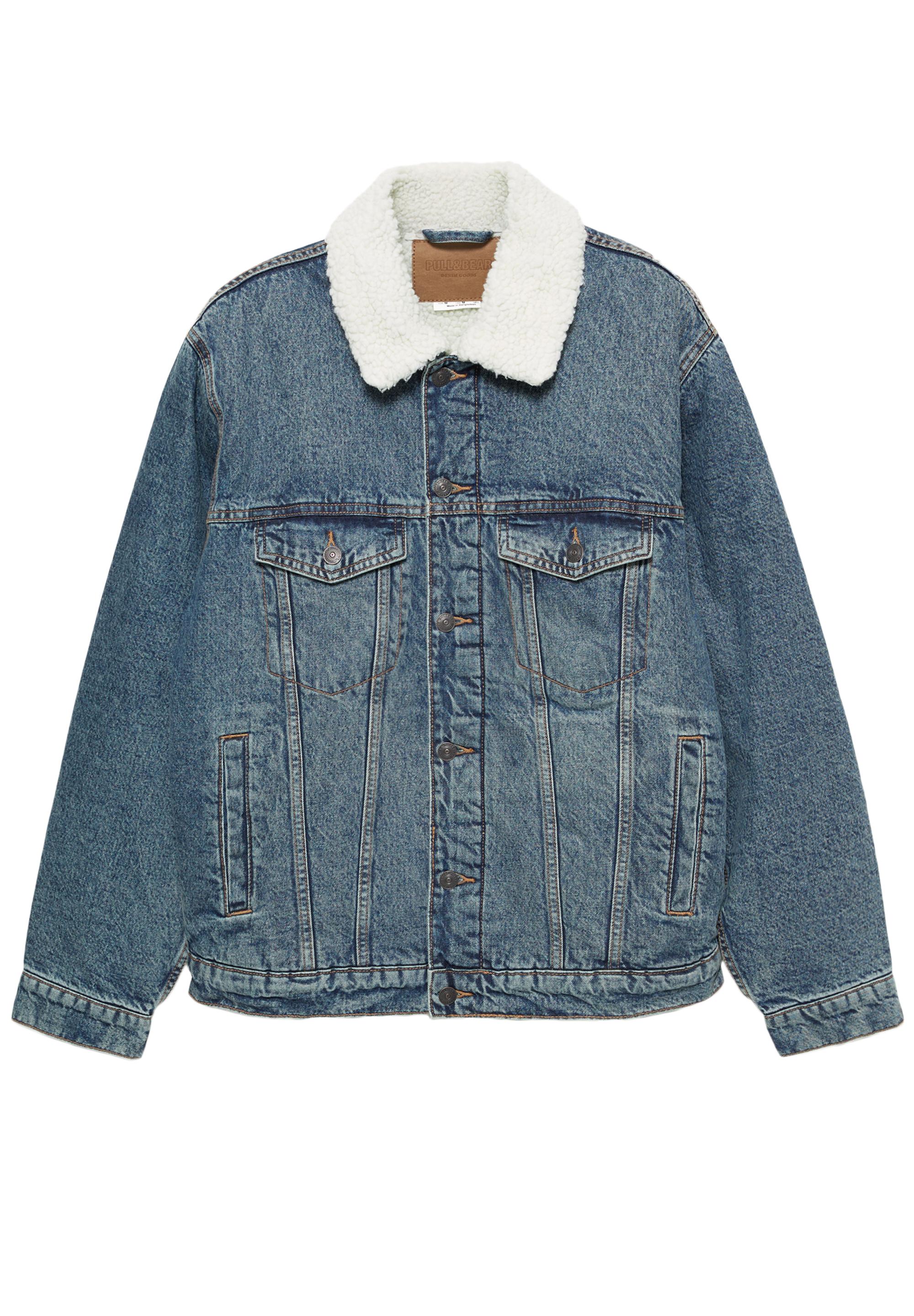 Denim jacket with faux shearling collar — Medium blue