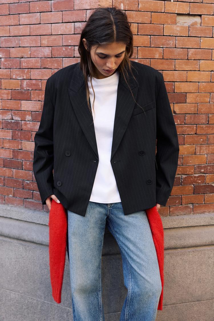 Boxy pinstripe blazer — Dark navy