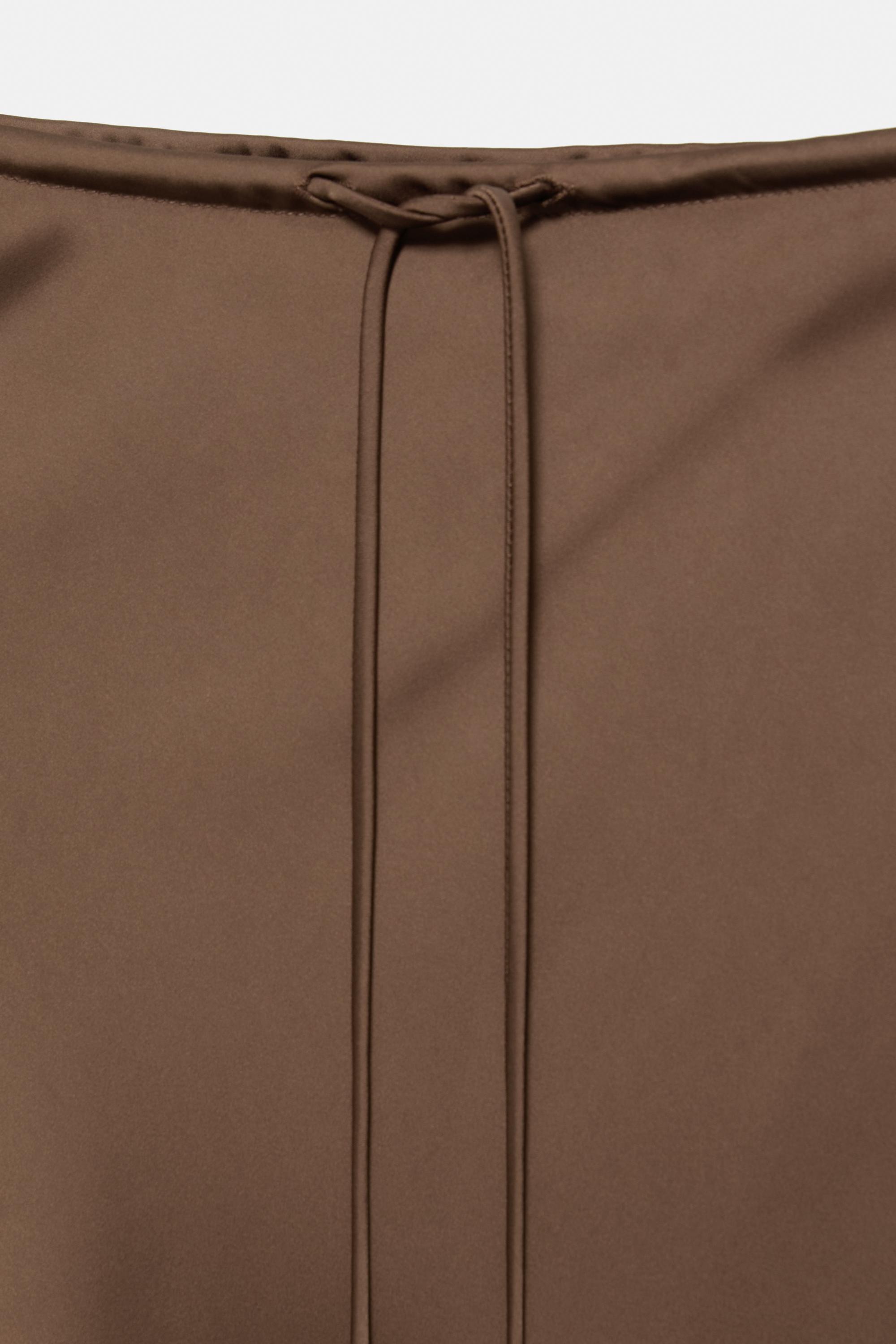 Satin drawstring midi skirt — Dark brown