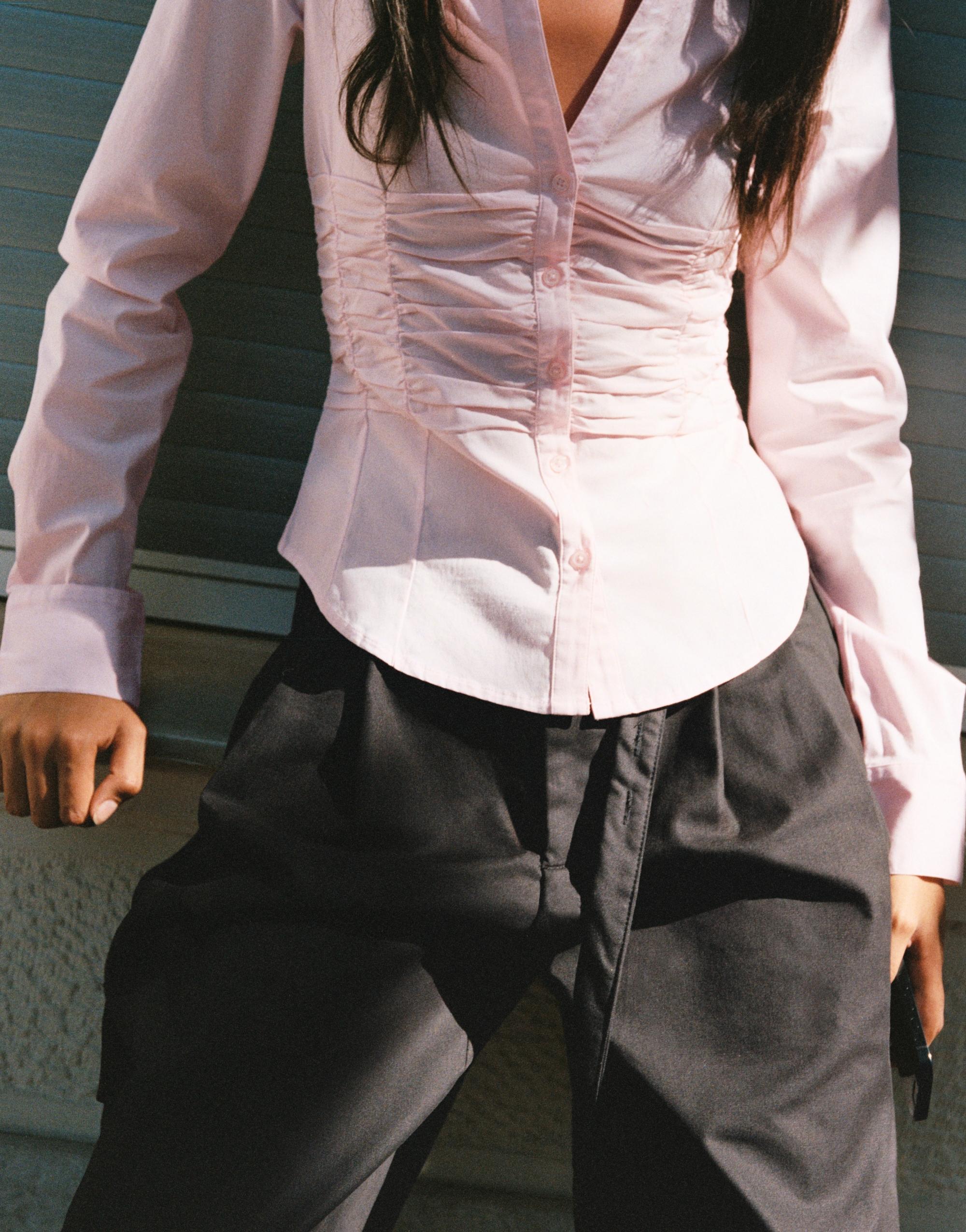 Fitted gathered poplin shirt — Pink