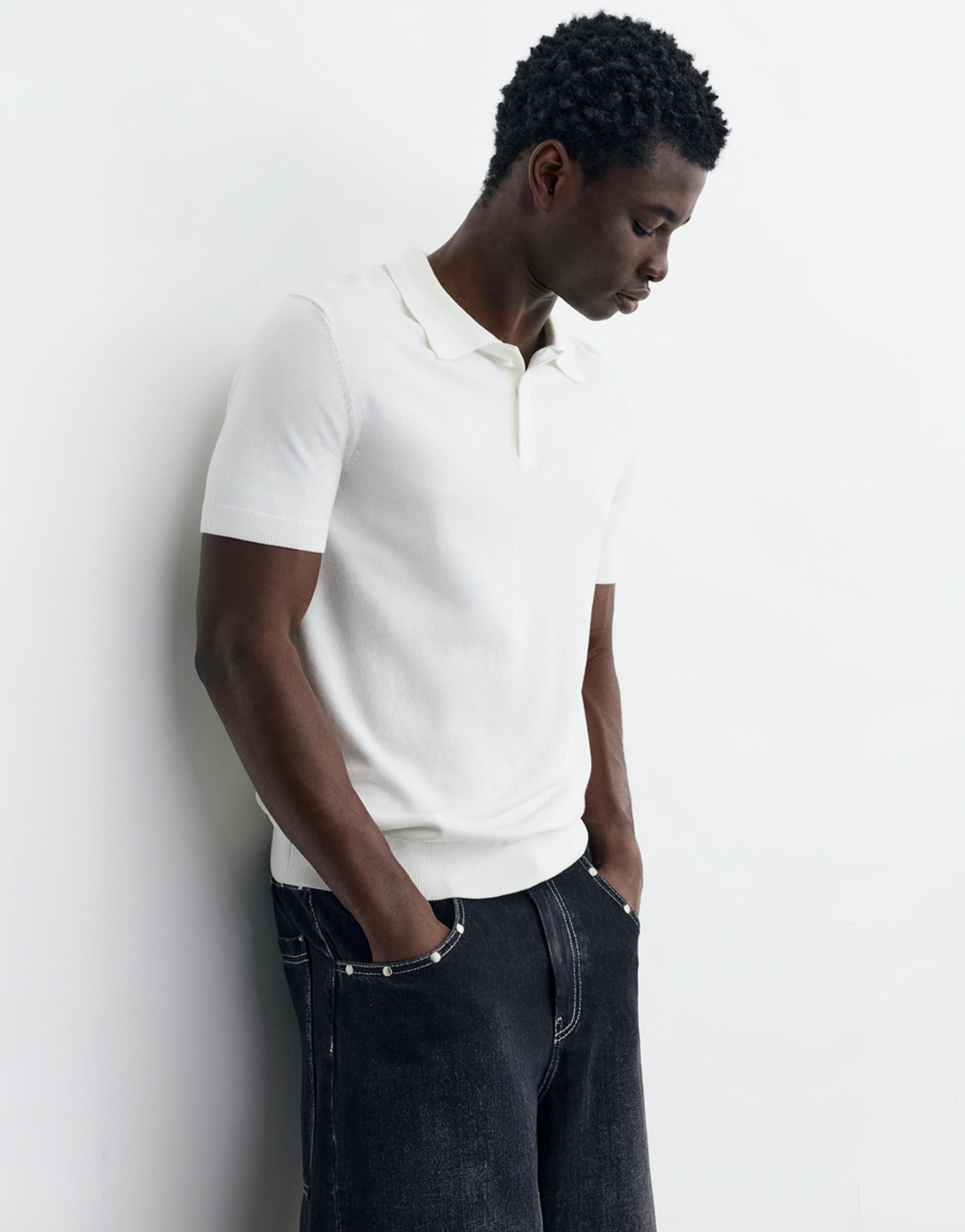 Short sleeve knit polo shirt — Off white