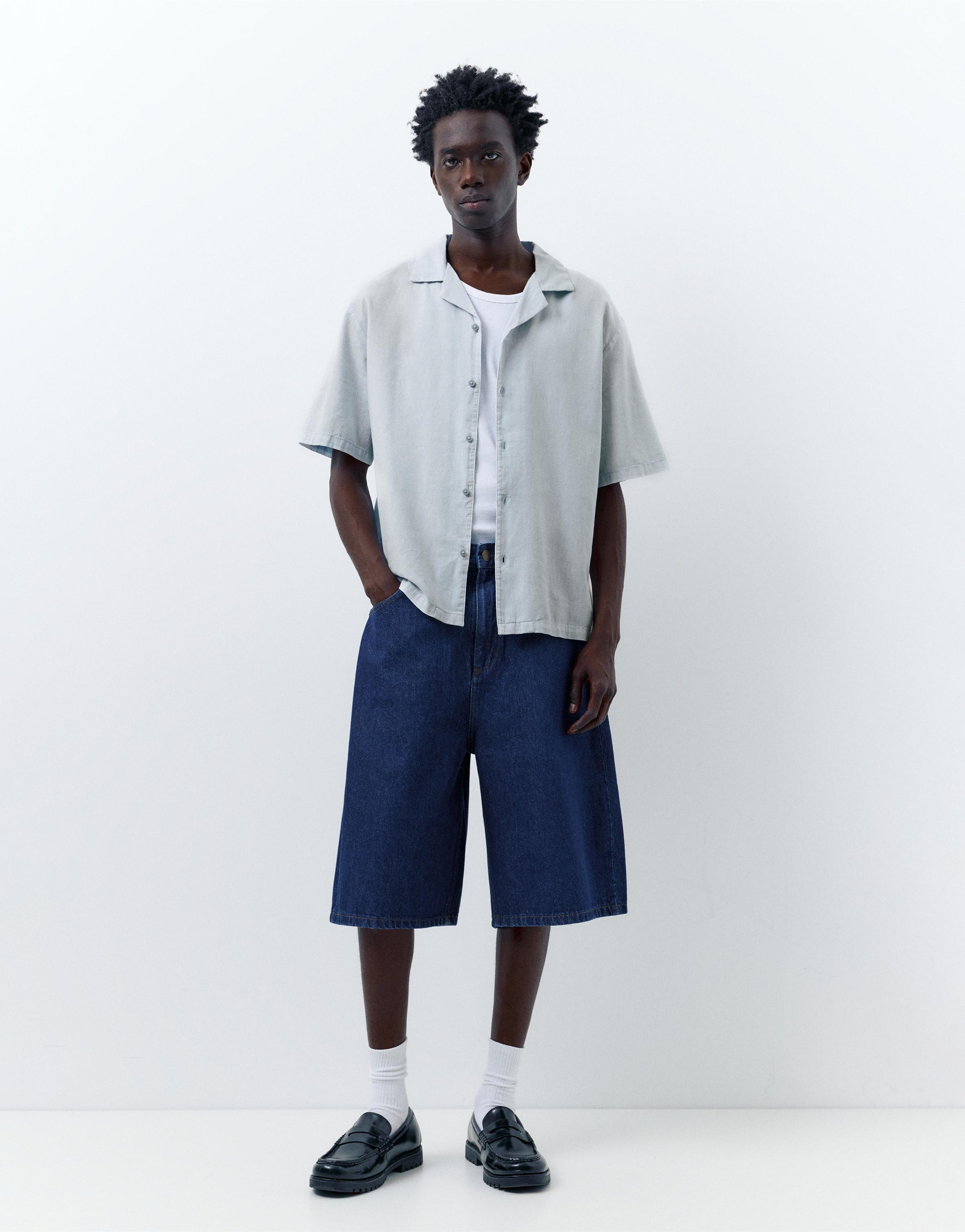 Short sleeve linen blend shirt — Pale blue