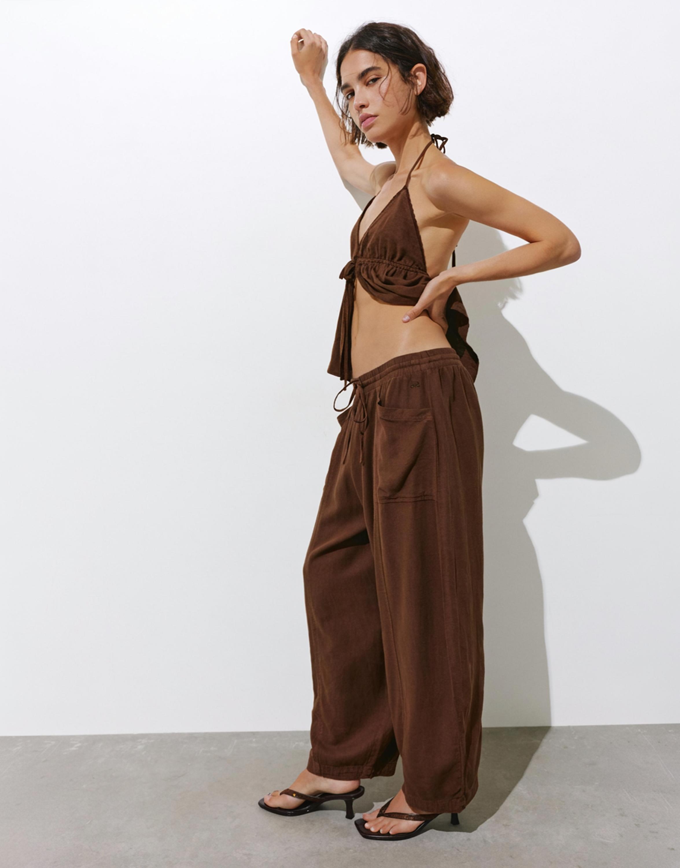 Linen blend barrel trousers — Chocolate