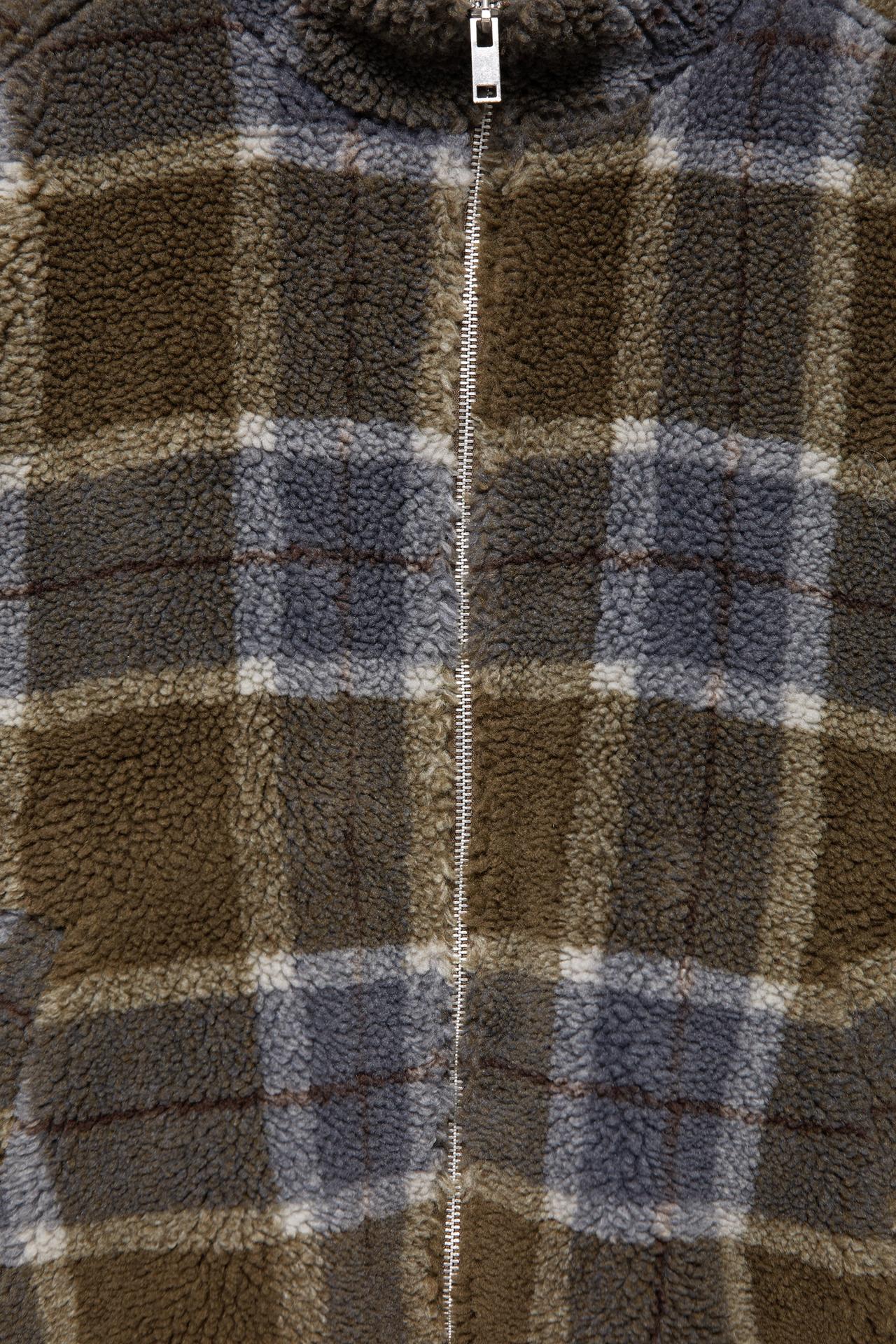 Check faux shearling jacket — Dark khaki