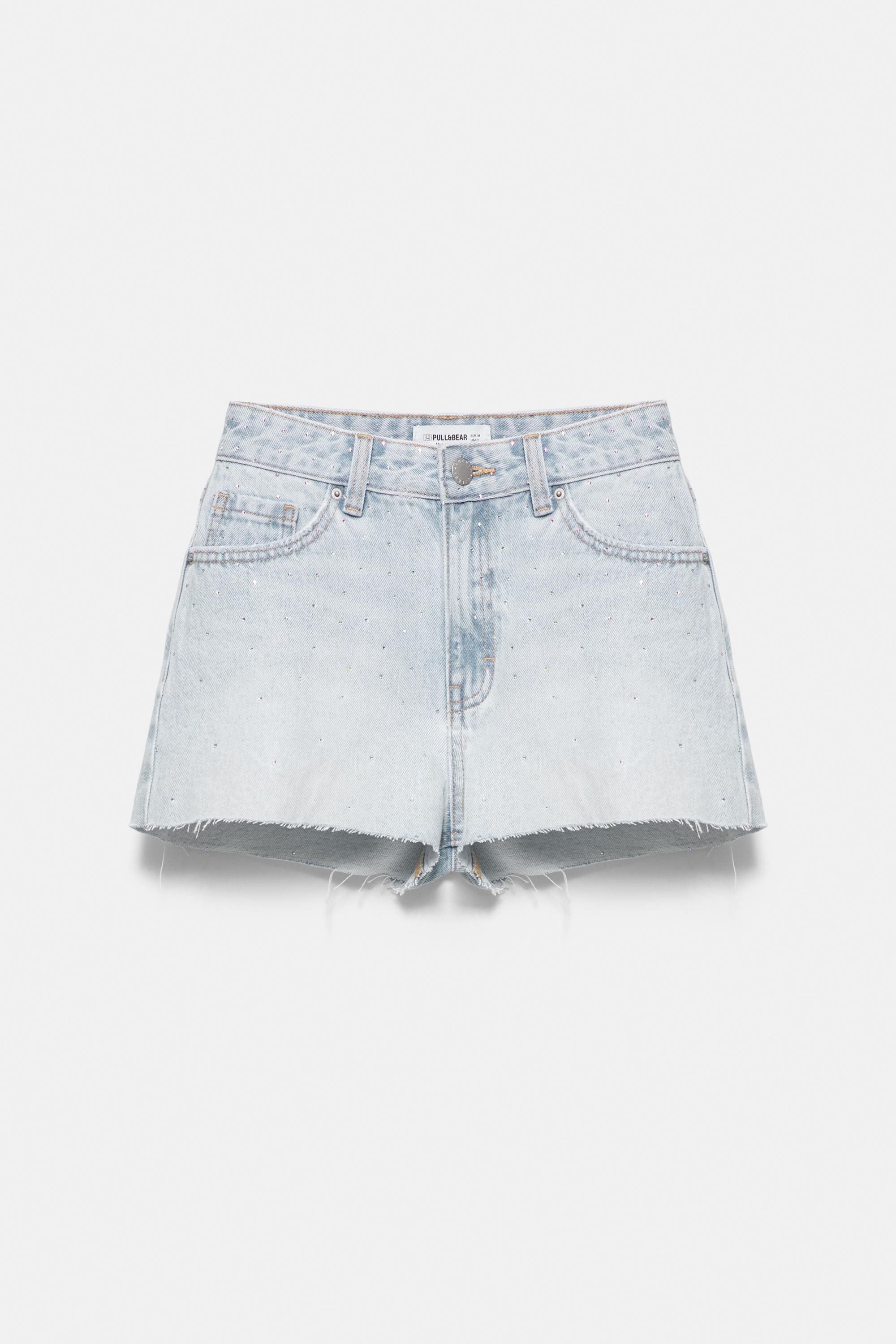 Mid-waist rhinestone denim shorts — Pale blue