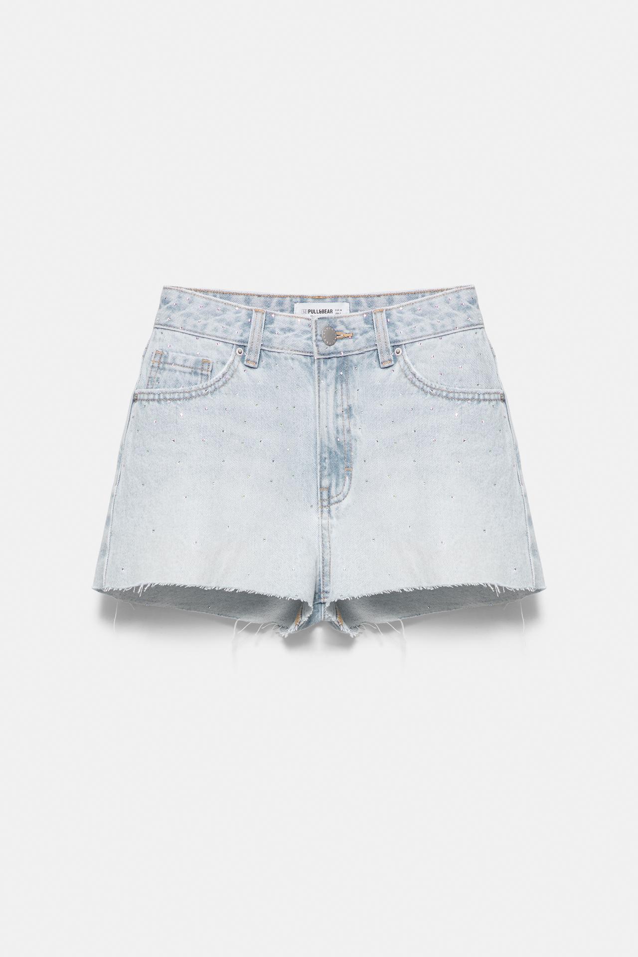 Mid-waist rhinestone denim shorts — Pale blue