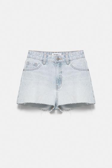 Mid-waist rhinestone denim shorts — Pale blue 7