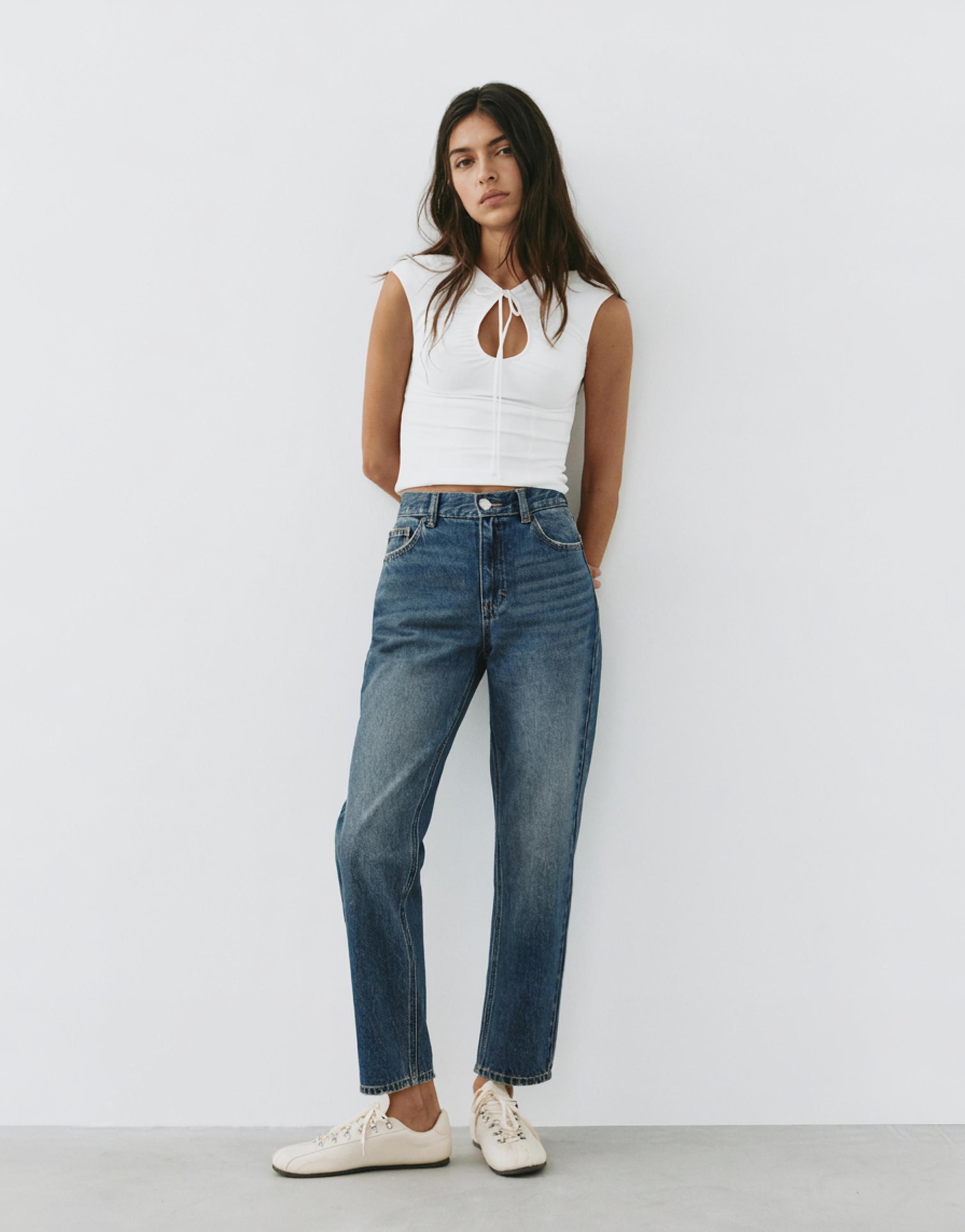 High-waist mom jeans — Greenish blue