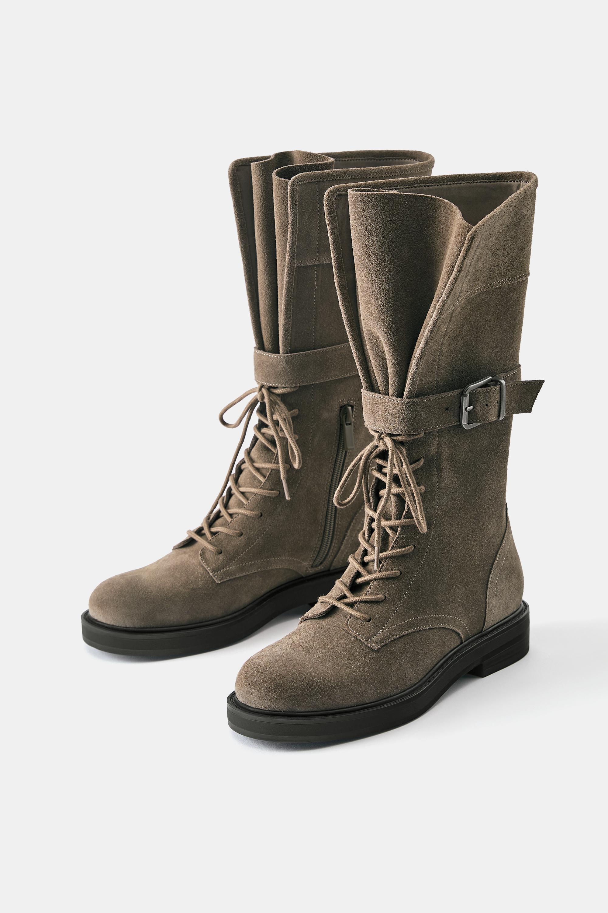 Lace-up flat leather boots — Taupe