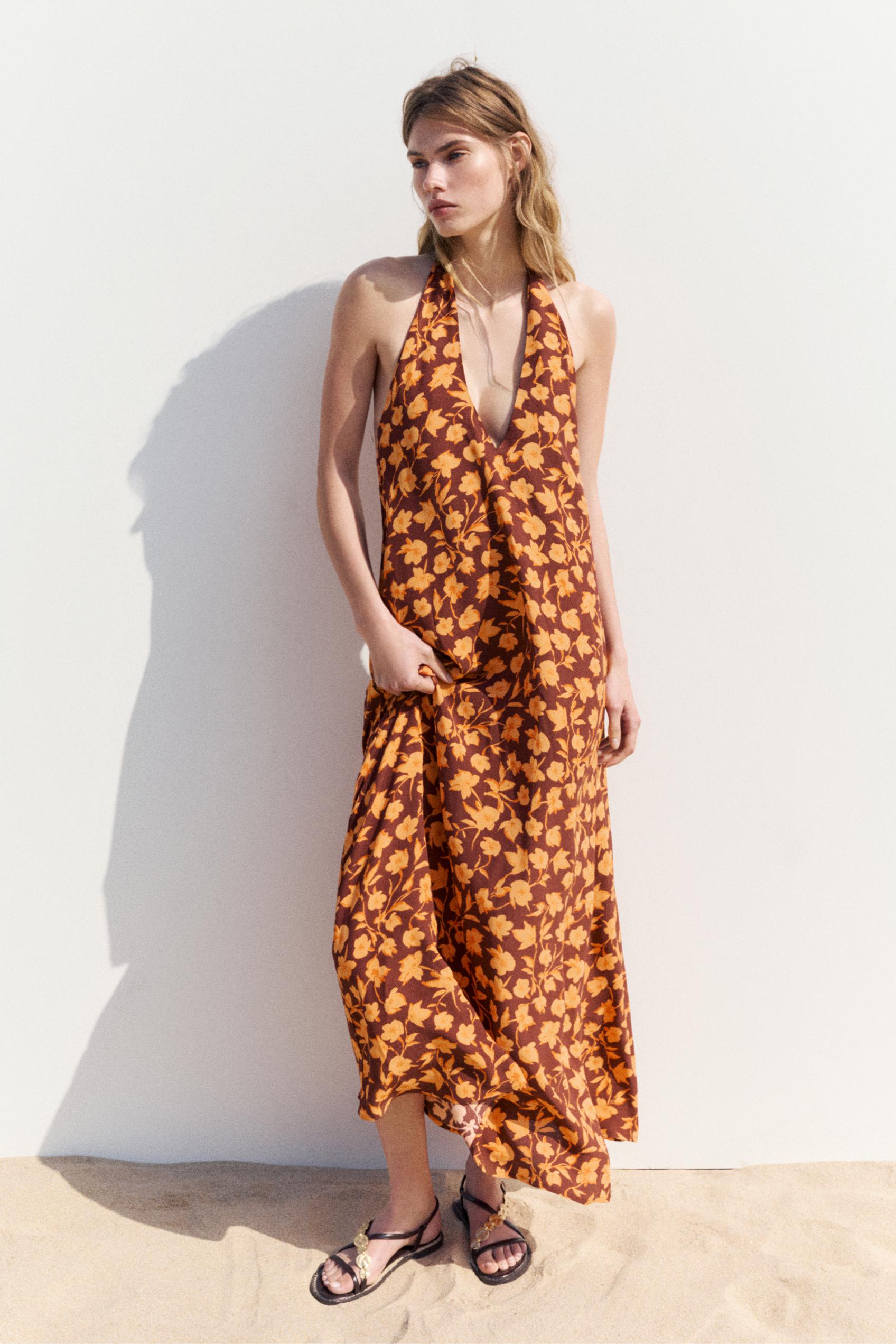 Floral halterneck midi dress — Brown