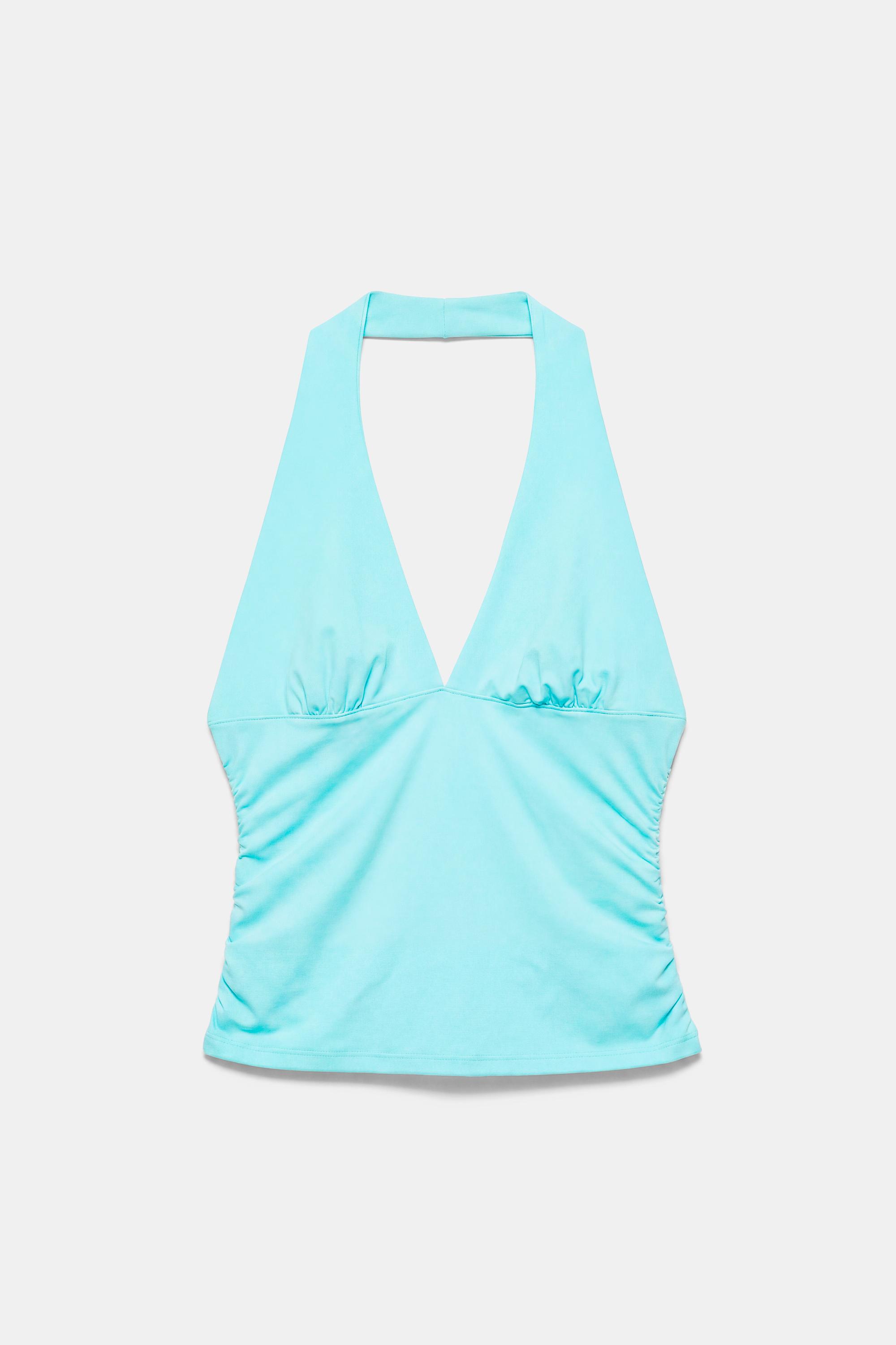 Halter neck top with gathering — Pale turquoise