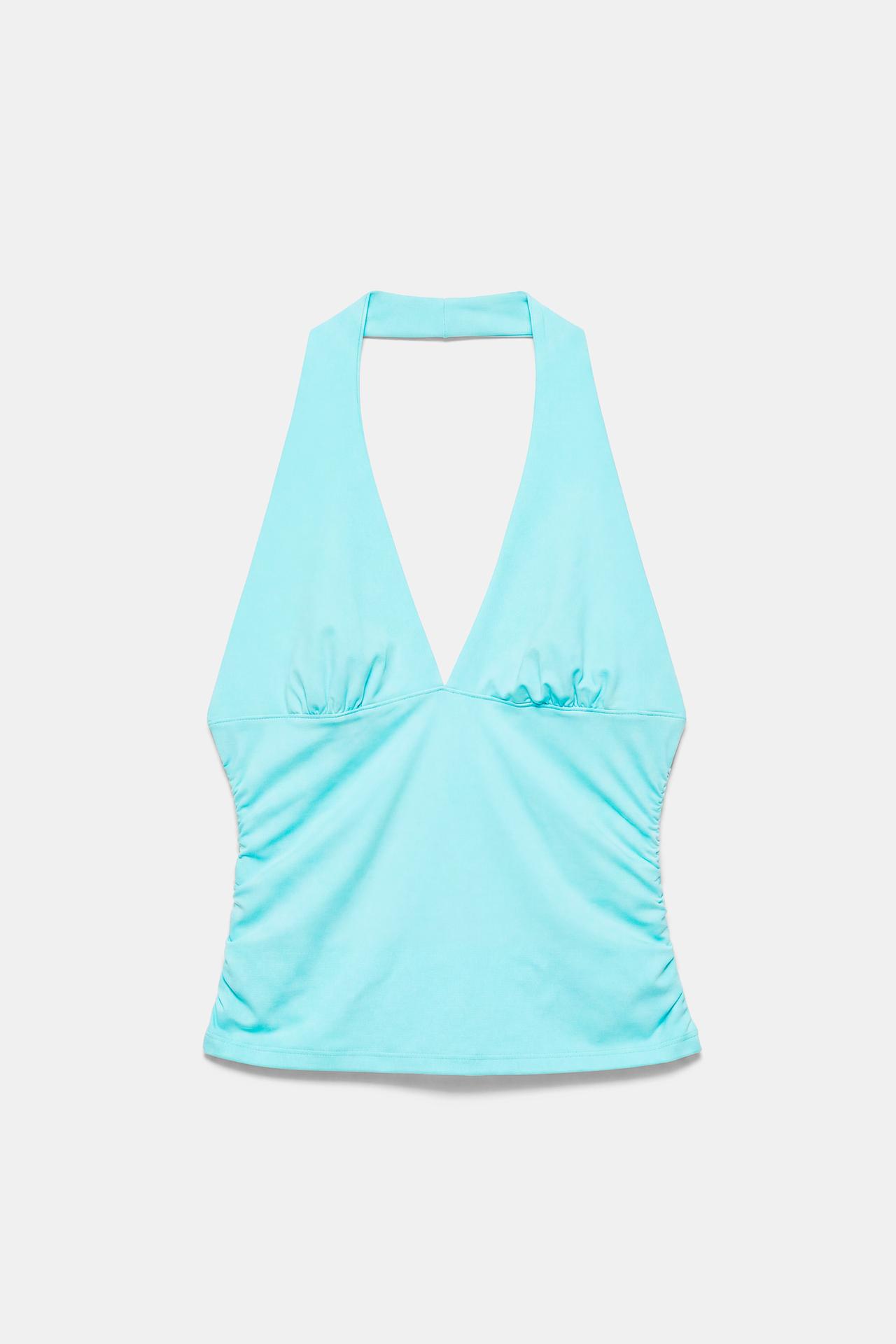 Halter neck top with gathering — Pale turquoise