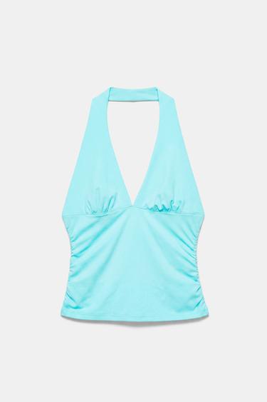 Halter neck top with gathering — Pale turquoise 5