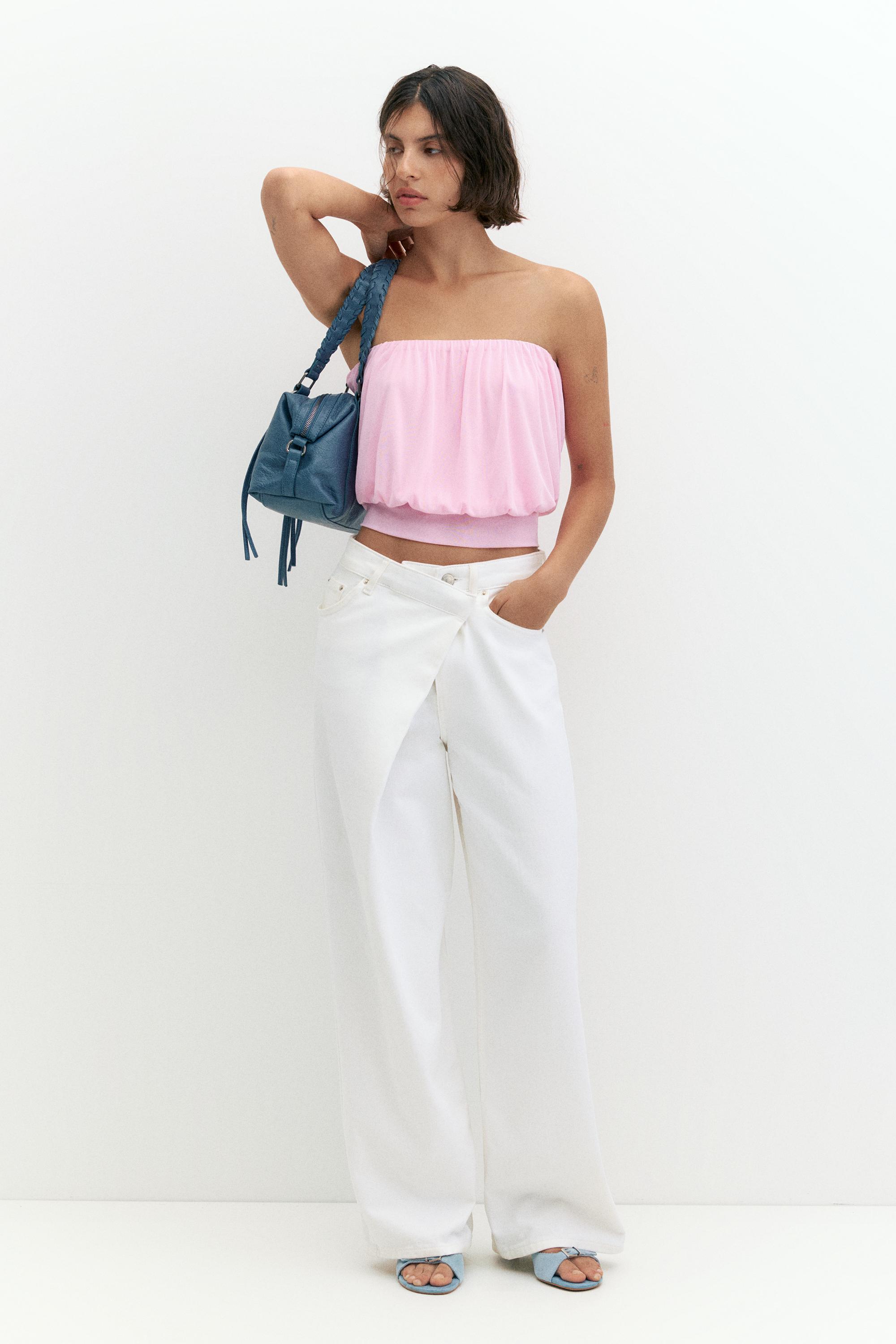 Strapless top with waistband — White/Pink