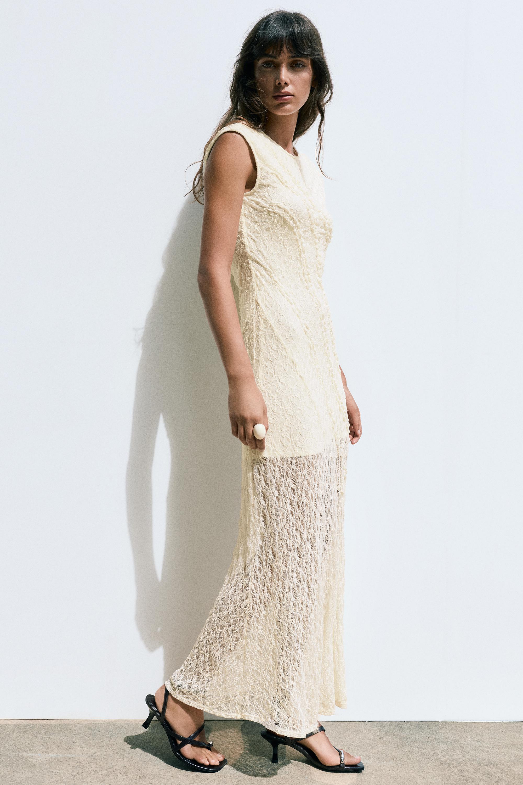 Fitted lace midi dress — Ecru