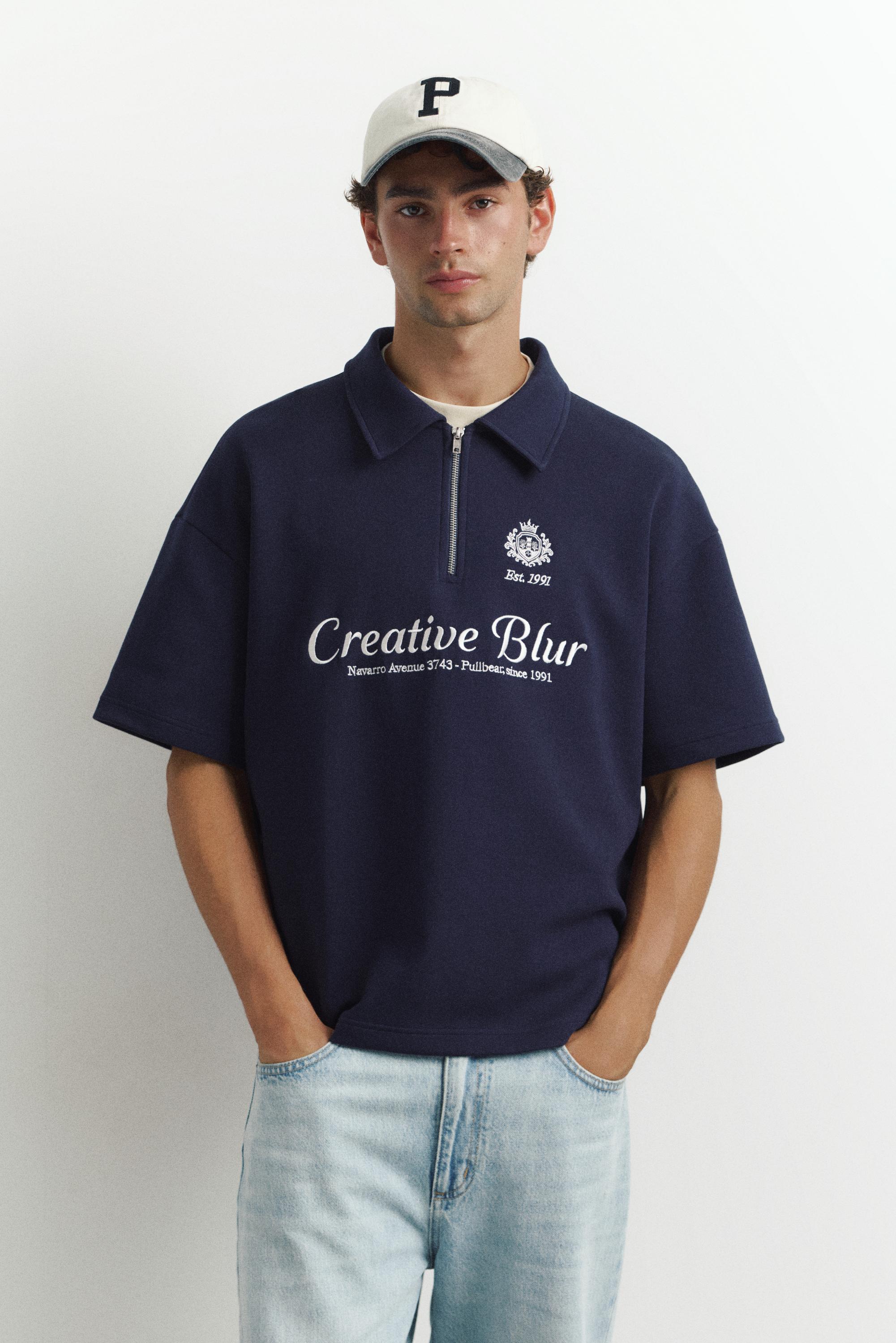 Interlock graphic polo shirt with zip — Navy