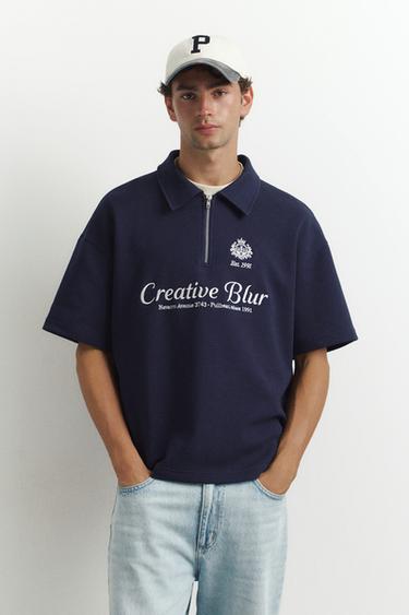 Interlock graphic polo shirt with zip — Navy 1