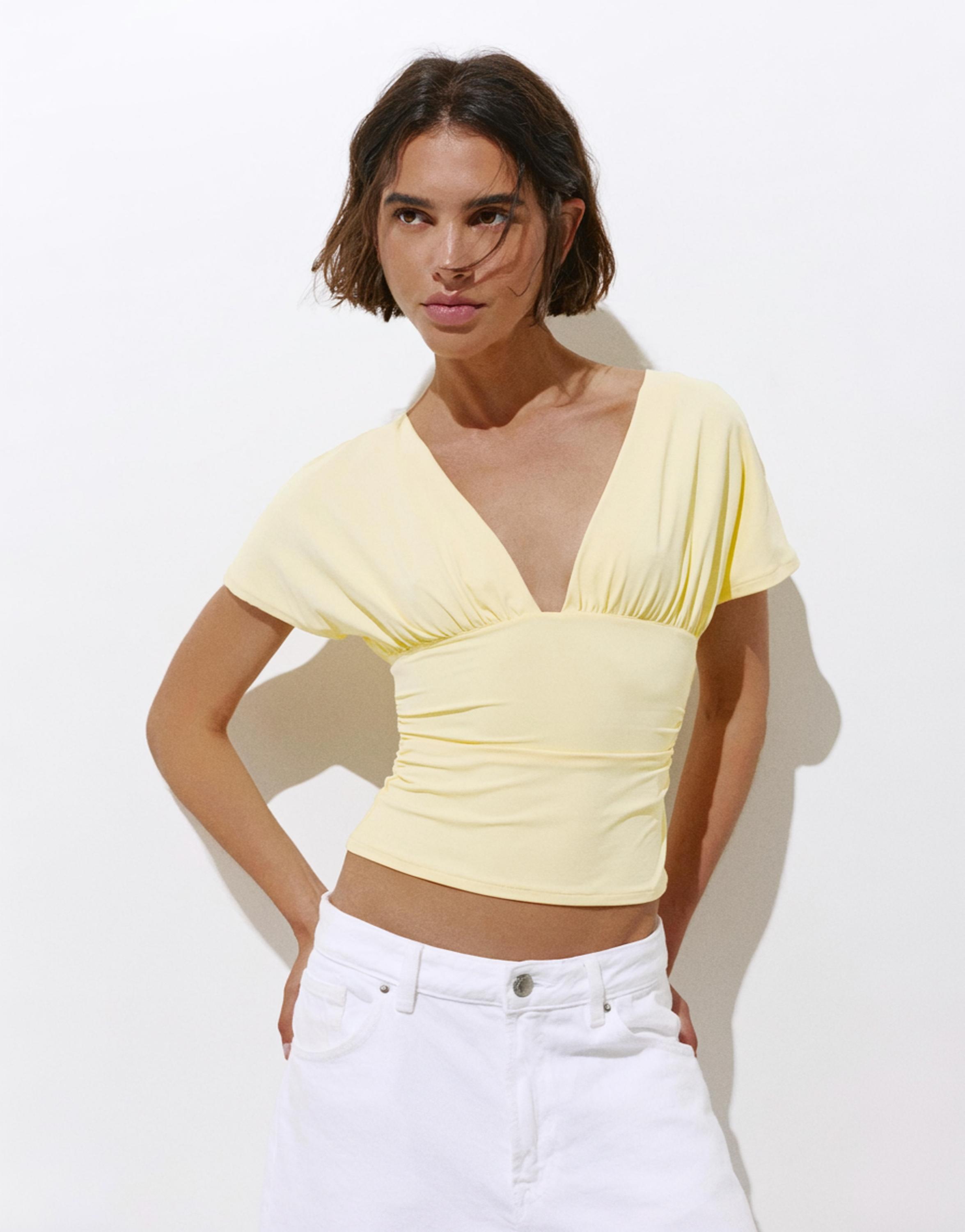 Gathered V-neck top — Yellow